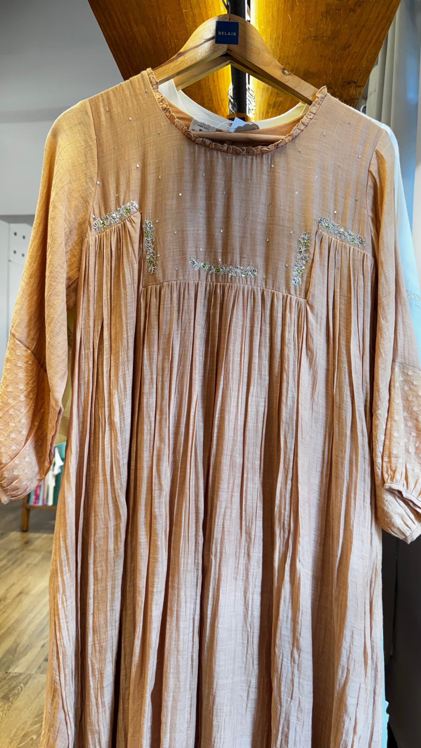 Dark beige chanderi dress with handwork on yoke size-40