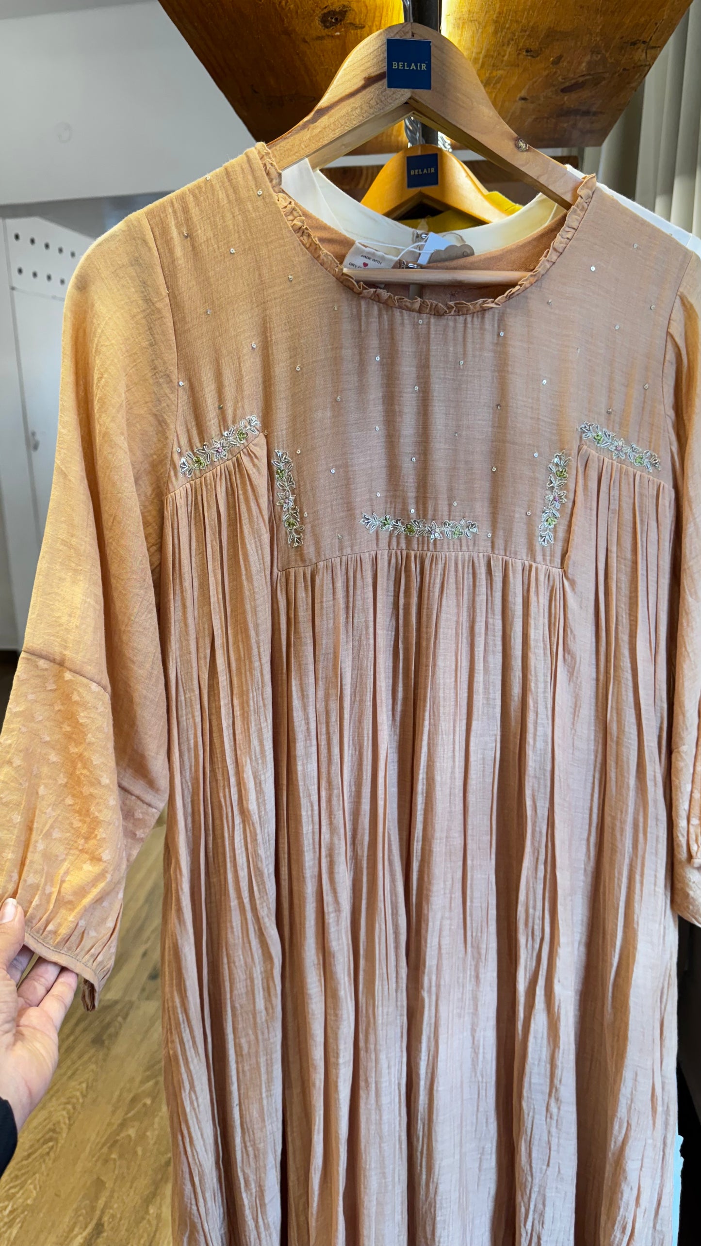 Dark beige chanderi dress with handwork on yoke size-40