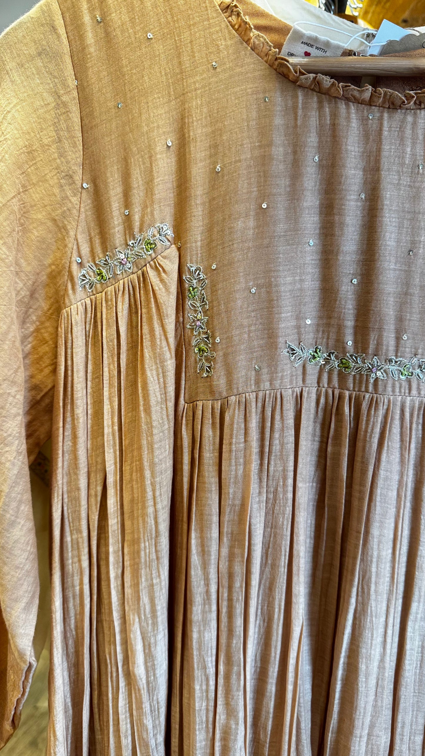 Dark beige chanderi dress with handwork on yoke size-40
