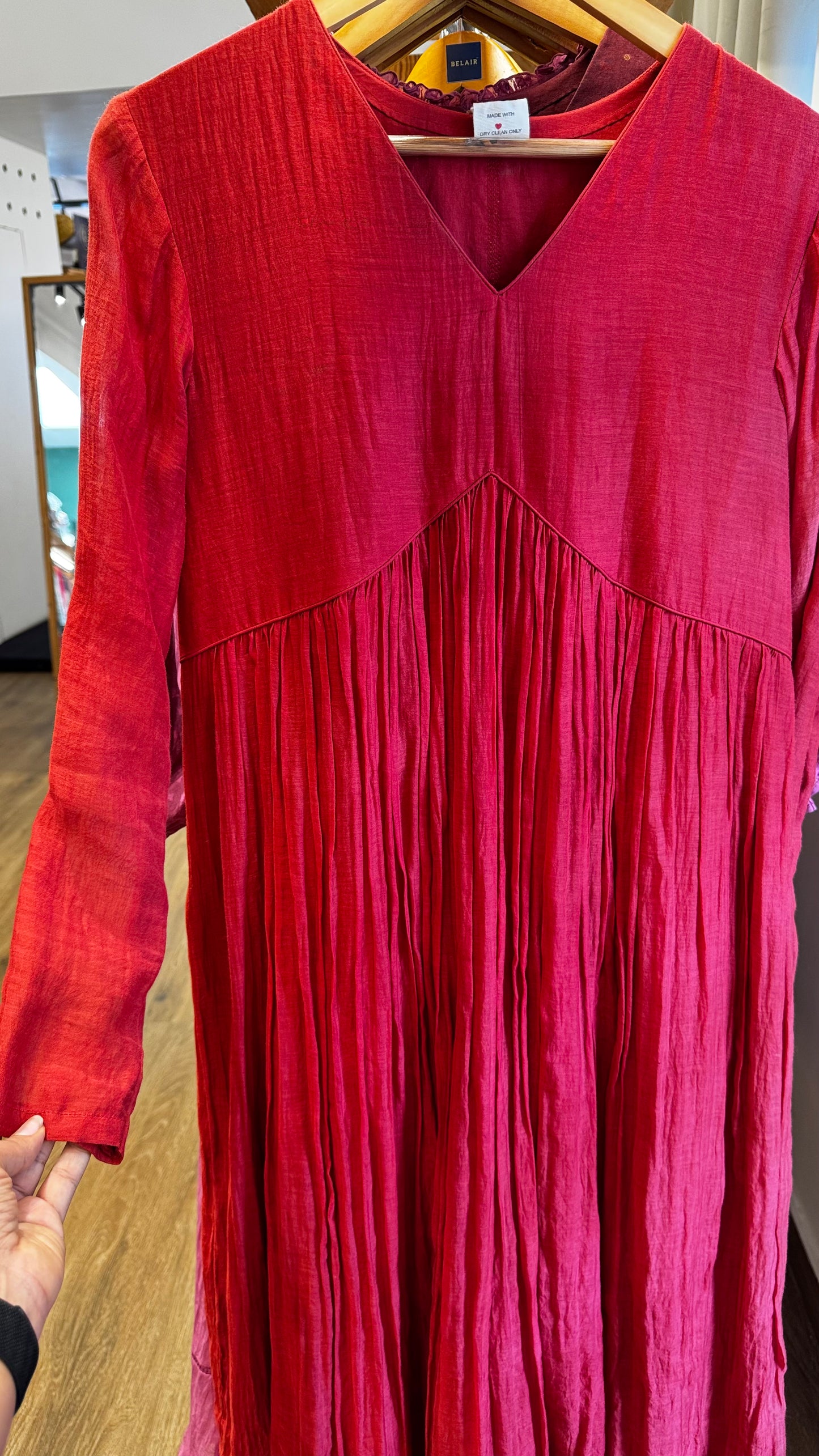 Red chanderi full sleeves dress with aliacut size-40
