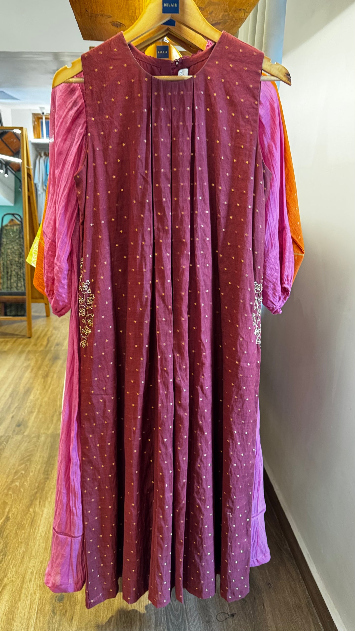 Maroon chanderi dress with handwork on 2 pocket sides size-38