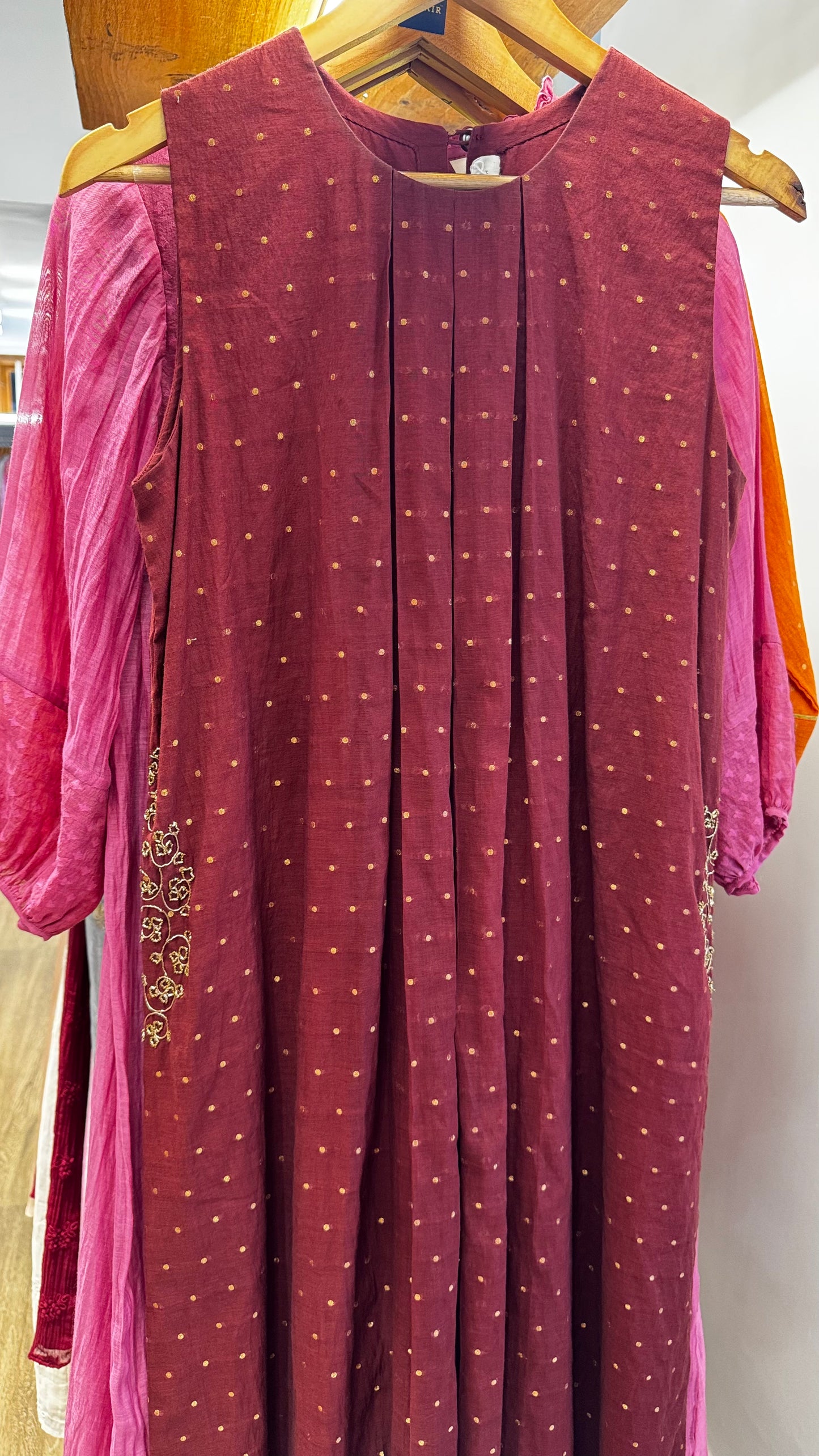 Maroon chanderi dress with handwork on 2 pocket sides size-38