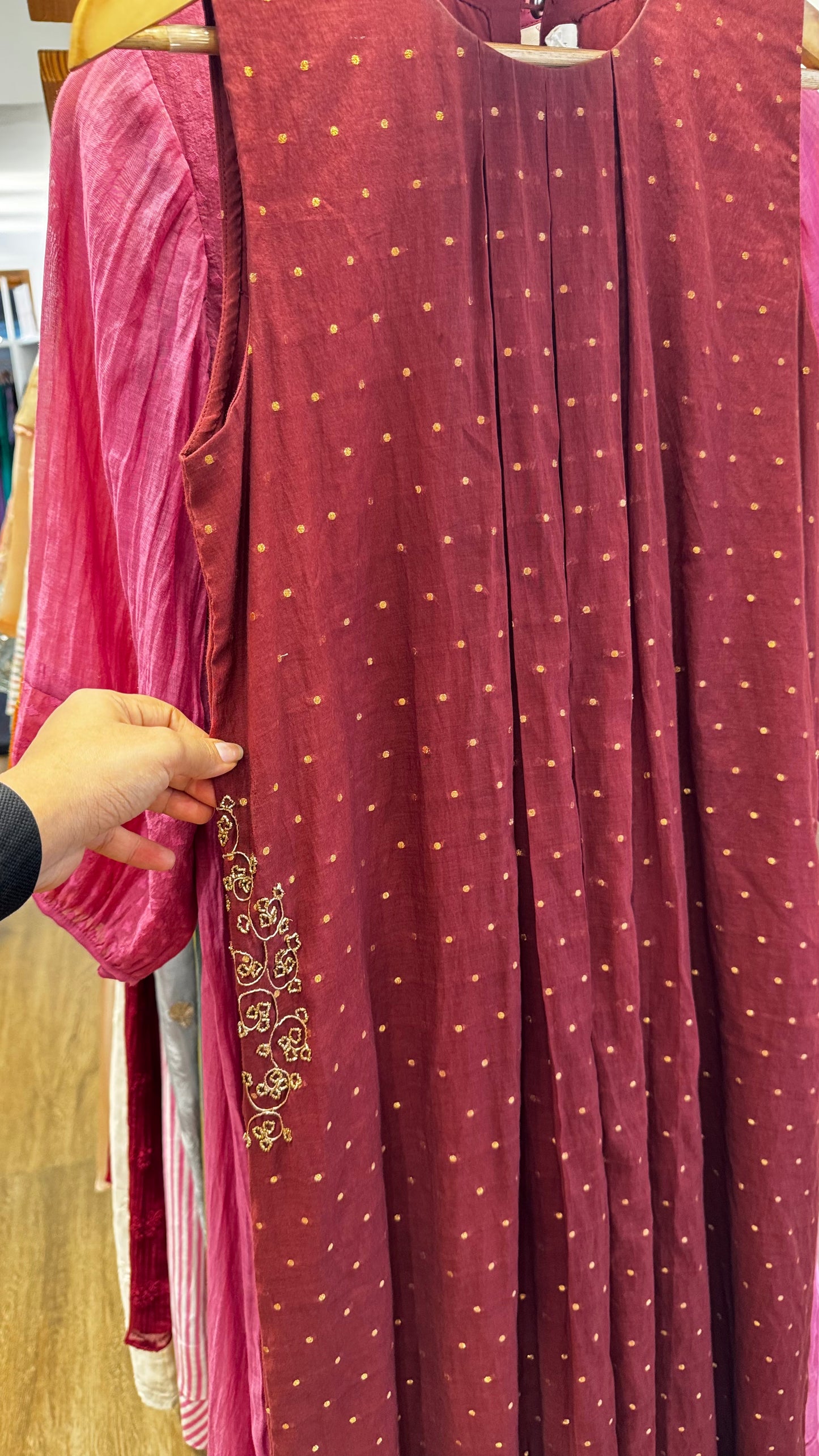 Maroon chanderi dress with handwork on 2 pocket sides size-38