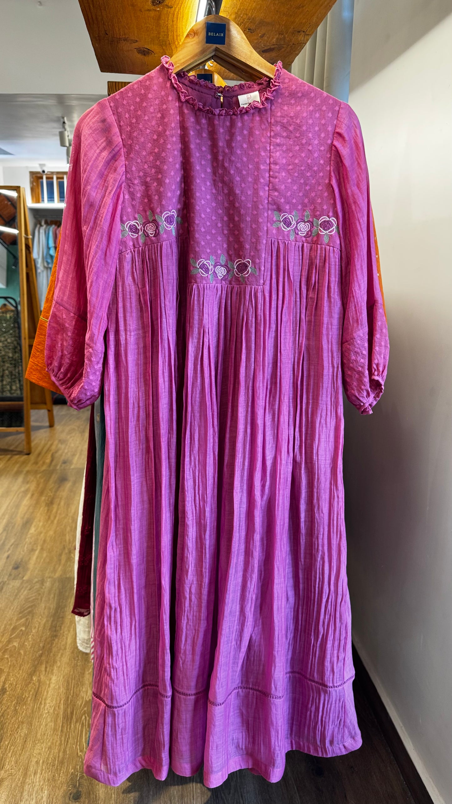 Pink chanderi dress with embroidery on yoke