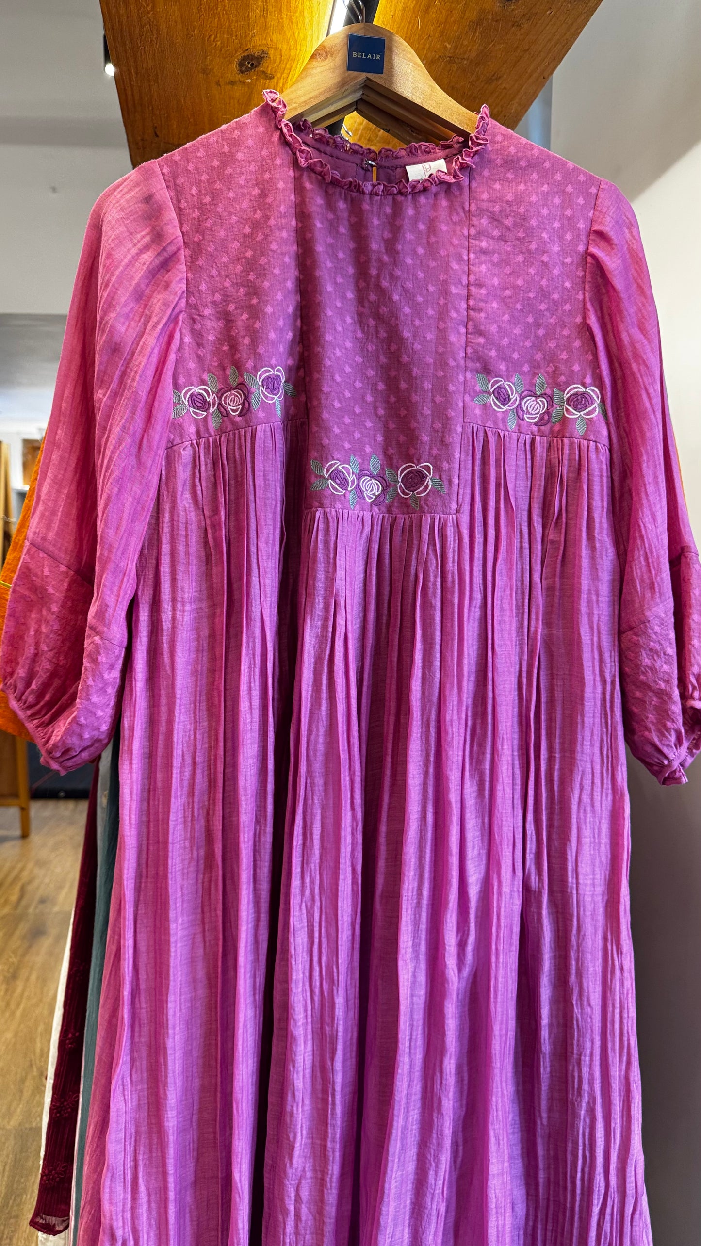 Pink chanderi dress with embroidery on yoke