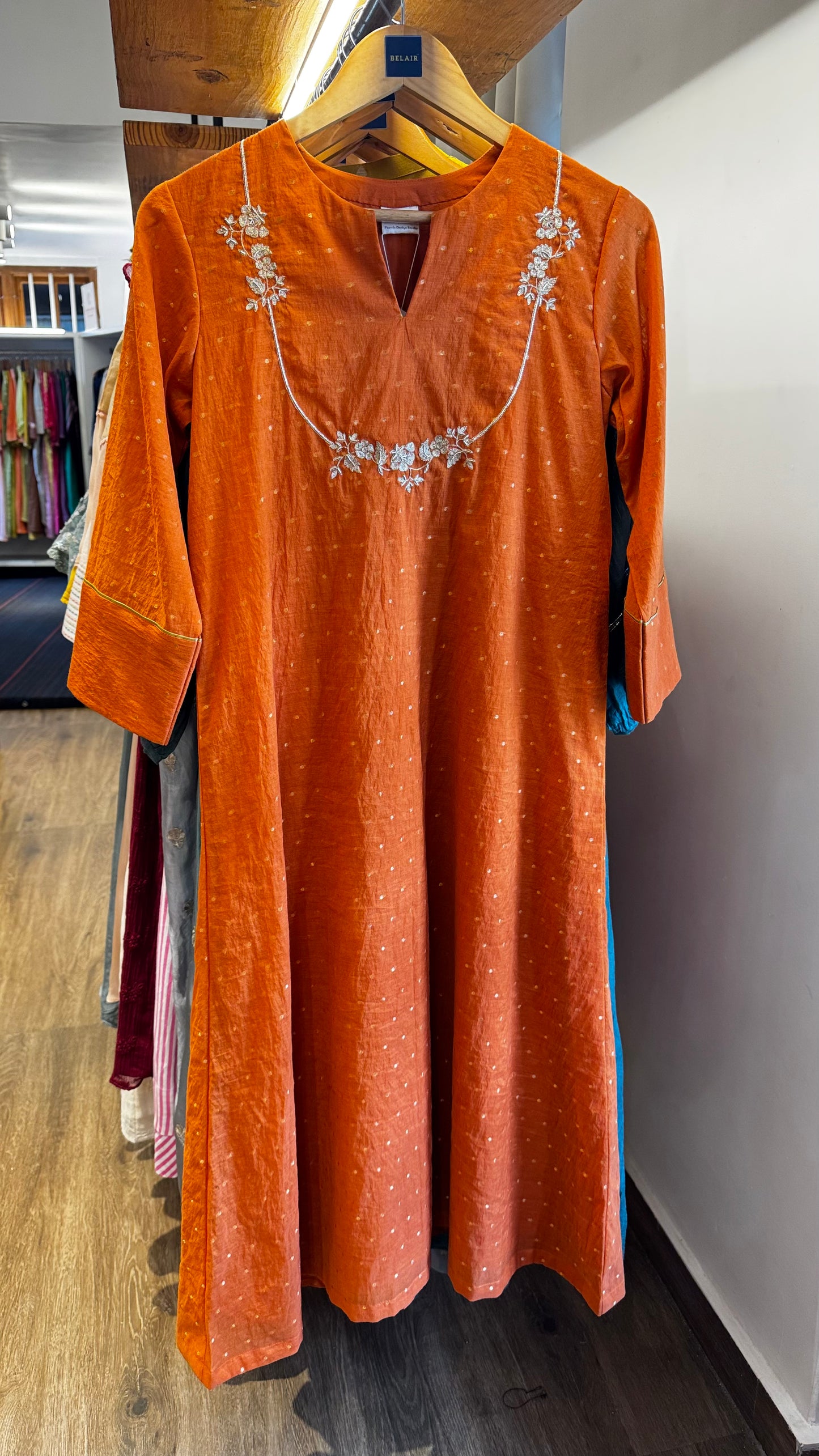 Orange chanderi dress with handwork on yoke size-38