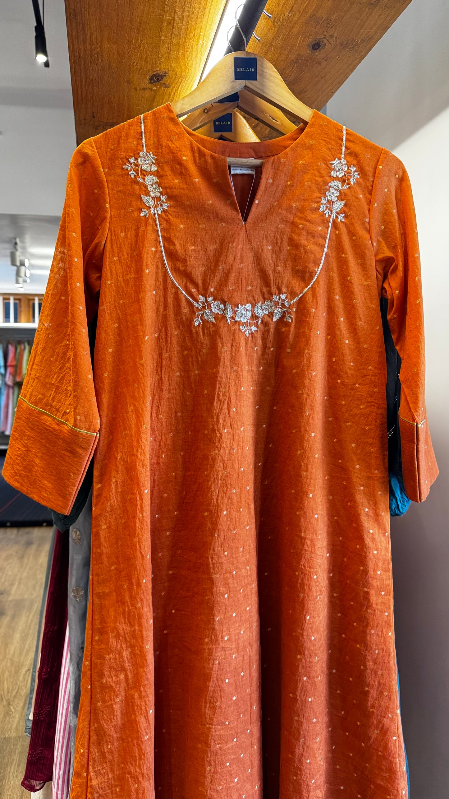 Orange chanderi dress with handwork on yoke size-38