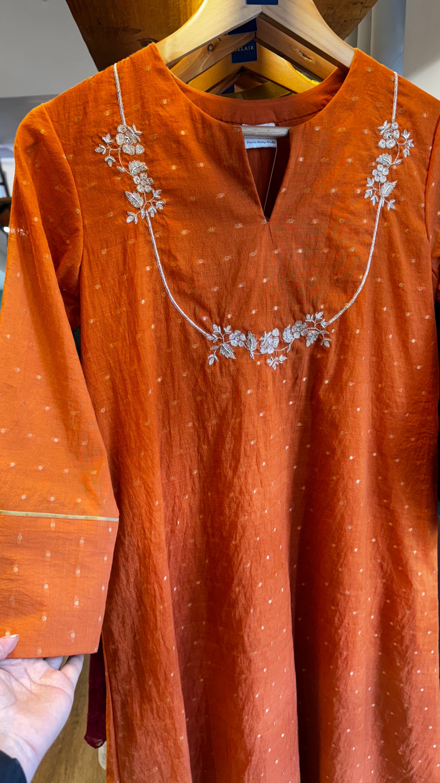 Orange chanderi dress with handwork on yoke size-38