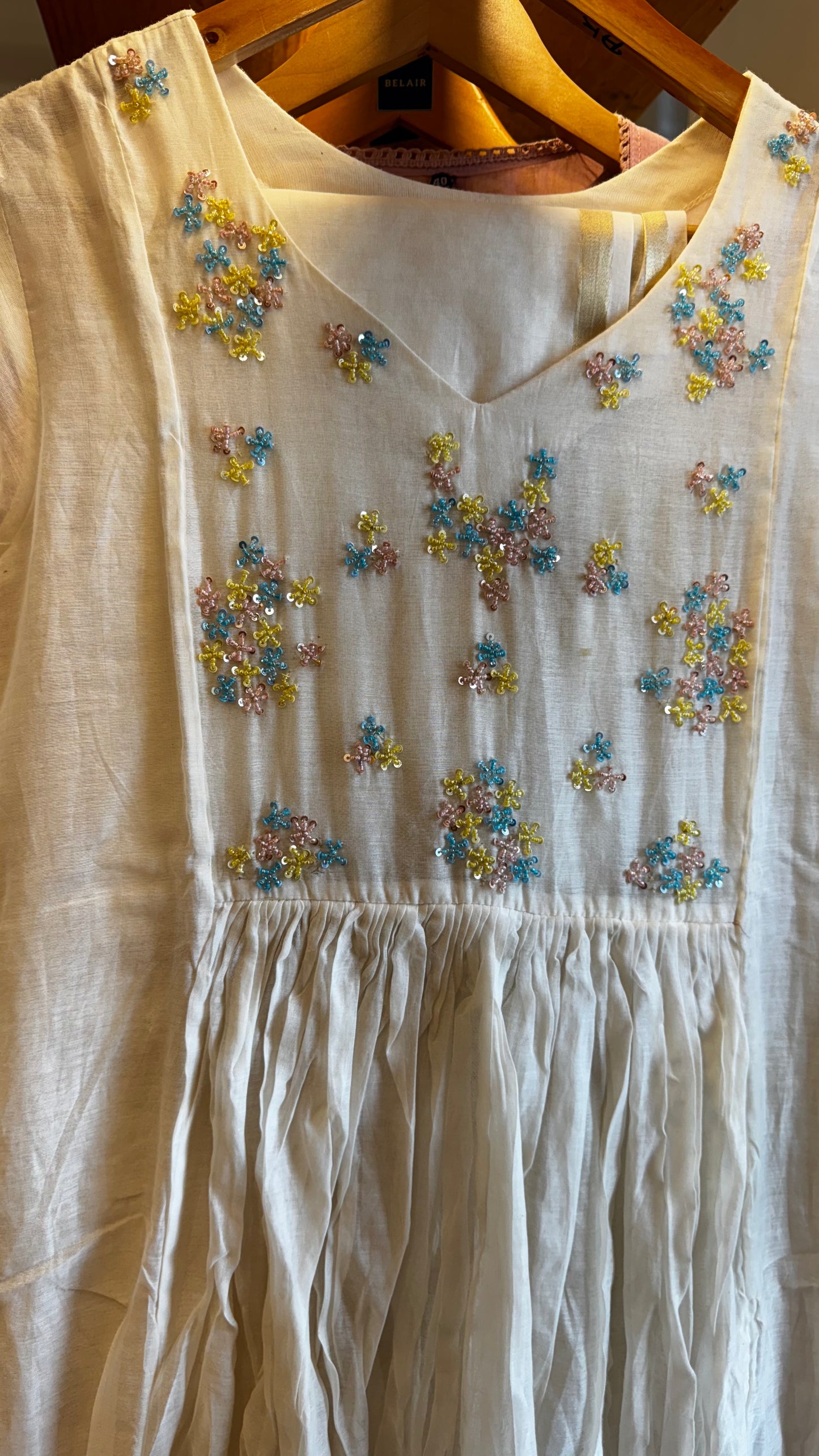Off-white chanderi 3pc set three piece set beads handwork on yoke size-38
