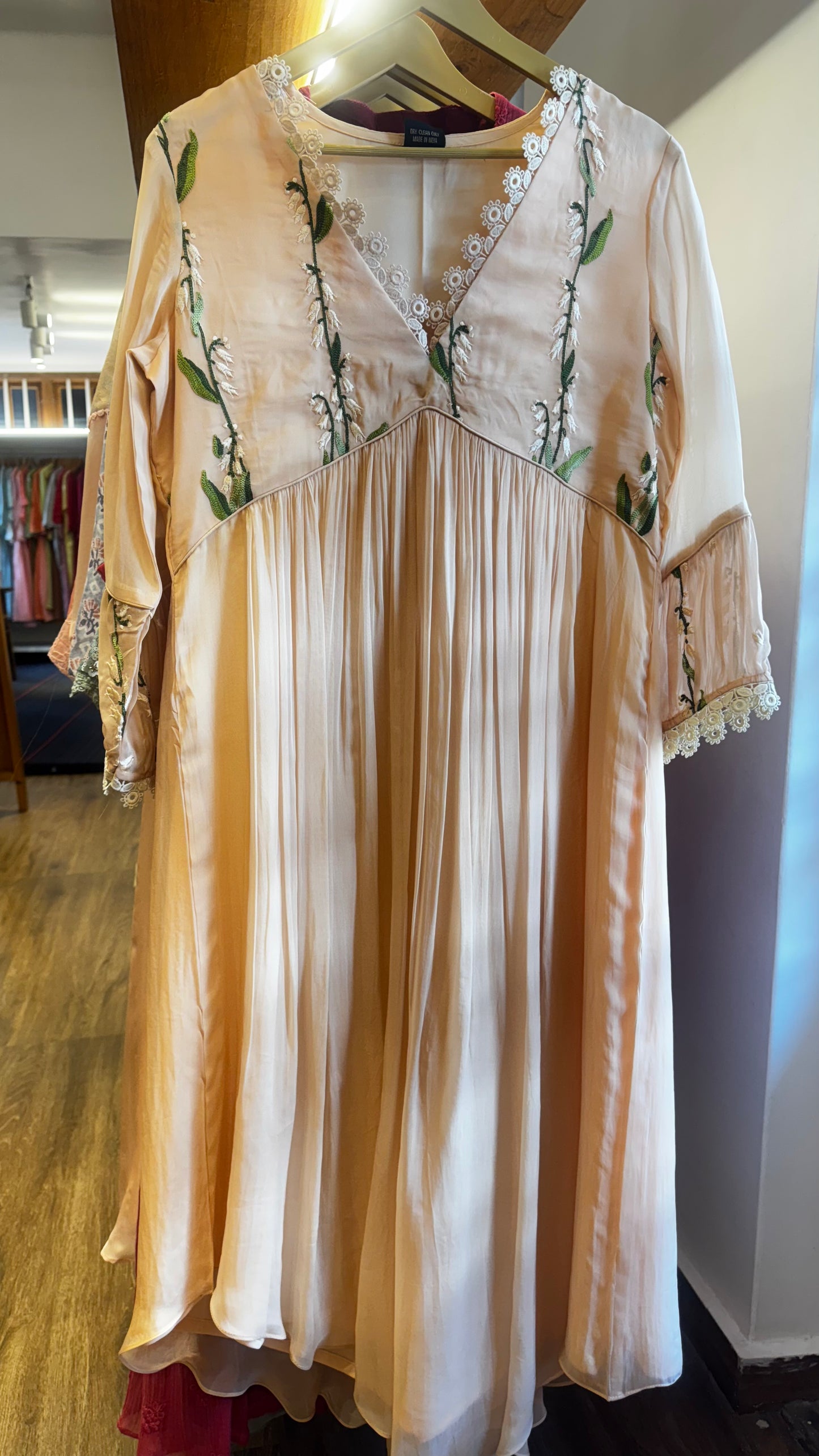 Beige embroidery v neckline with white lace dress size M, L