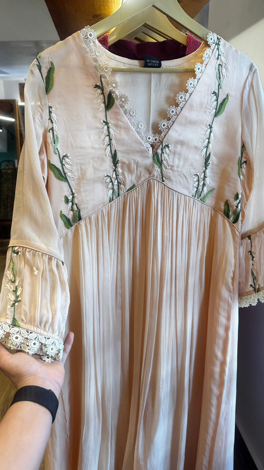 Beige embroidery v neckline with white lace dress size M, L
