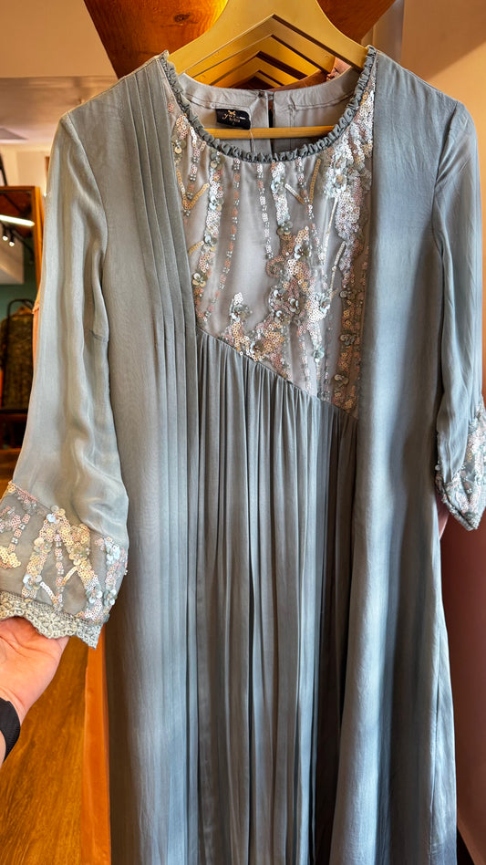 Sage green silver or white embroidery and sequin work with three quarter sleeve dress size L