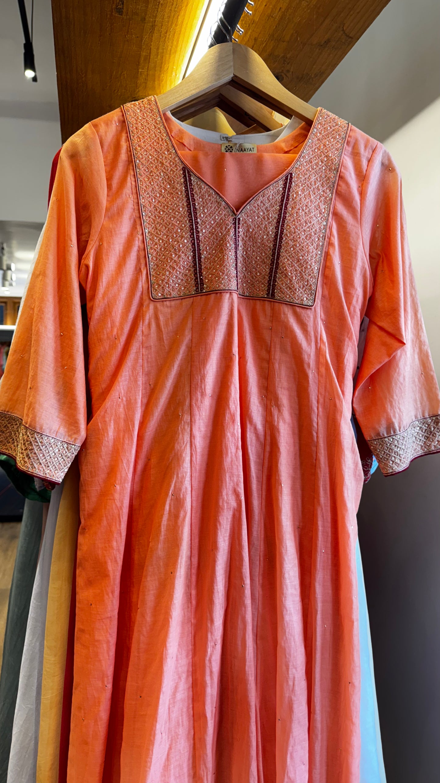 Peach chanderi dress colour embroidered  with dupatta Size M