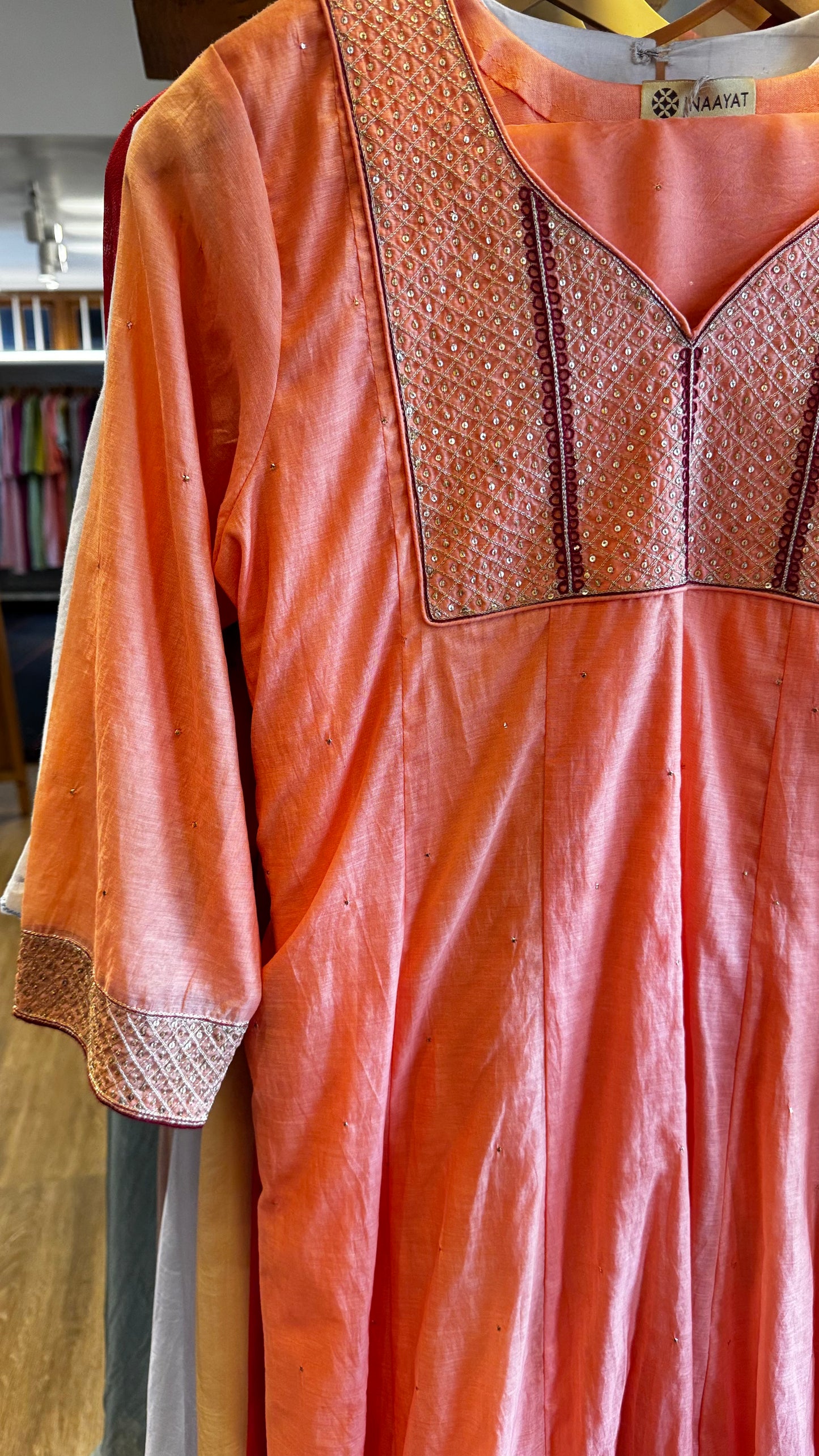 Peach chanderi dress colour embroidered  with dupatta Size M