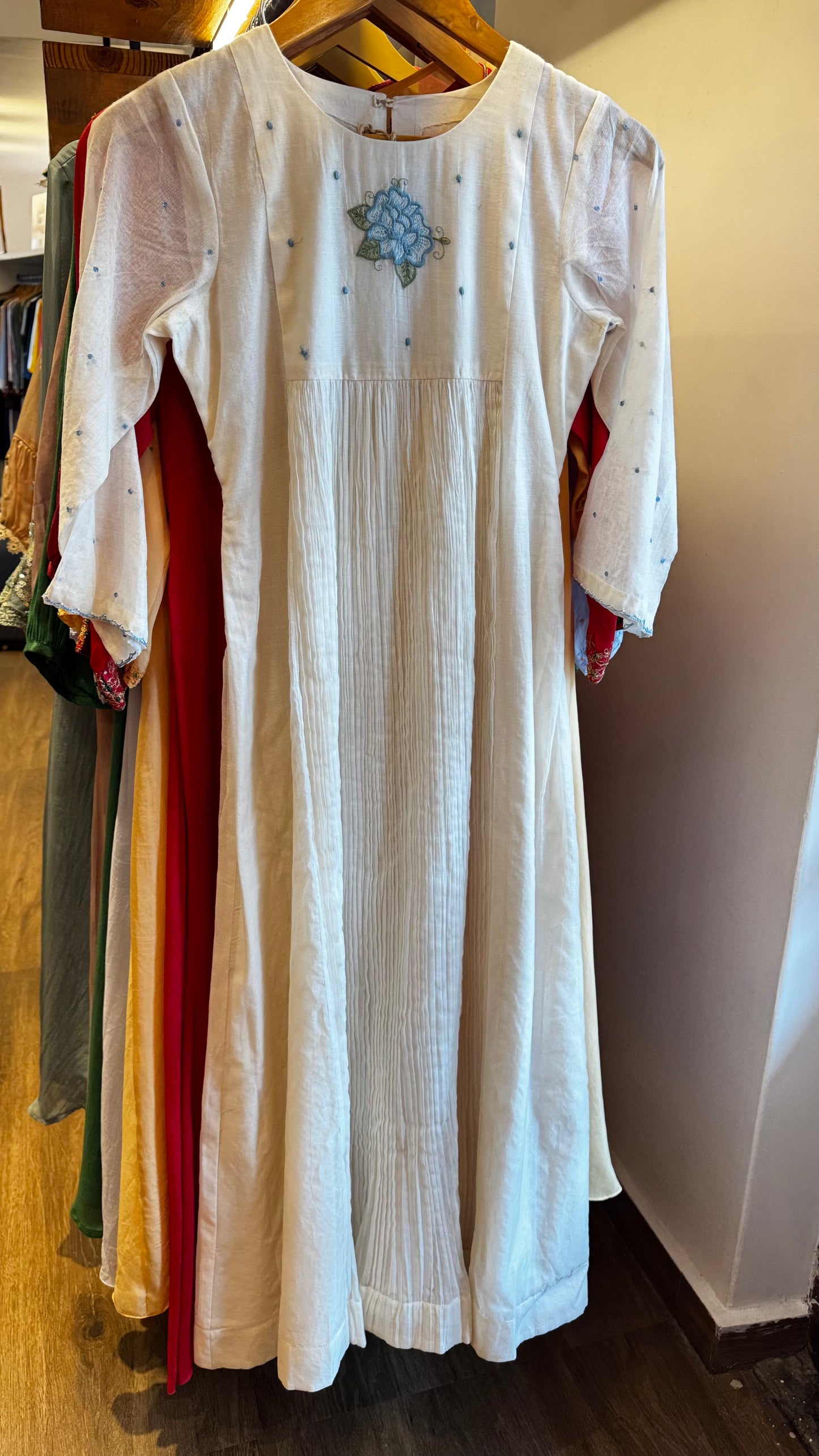 Off white Chanderi dress with round neckline