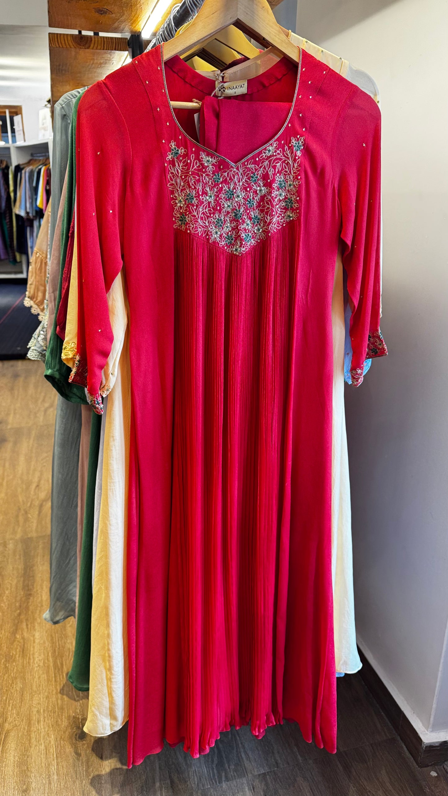 Red pleated georgette green and gold embroidery dress with dupatta size S