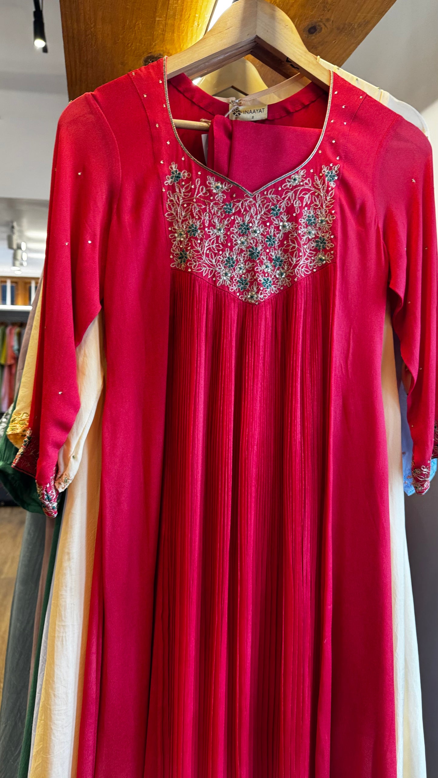 Red pleated georgette green and gold embroidery dress with dupatta size S