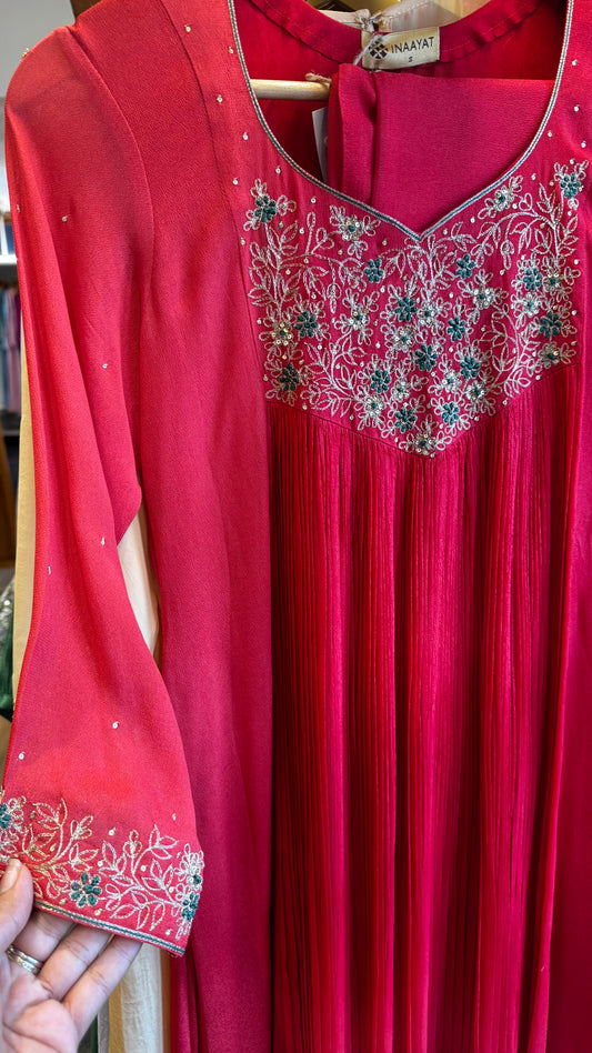 Red pleated georgette green and gold embroidery dress with dupatta size S