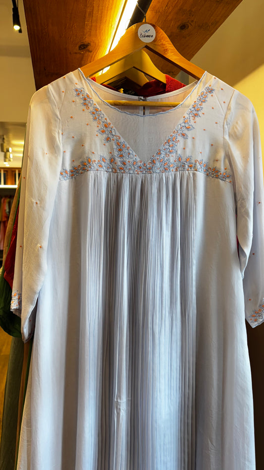 Light blue colour embroidered yoke with a V-neckline and pleated front size L