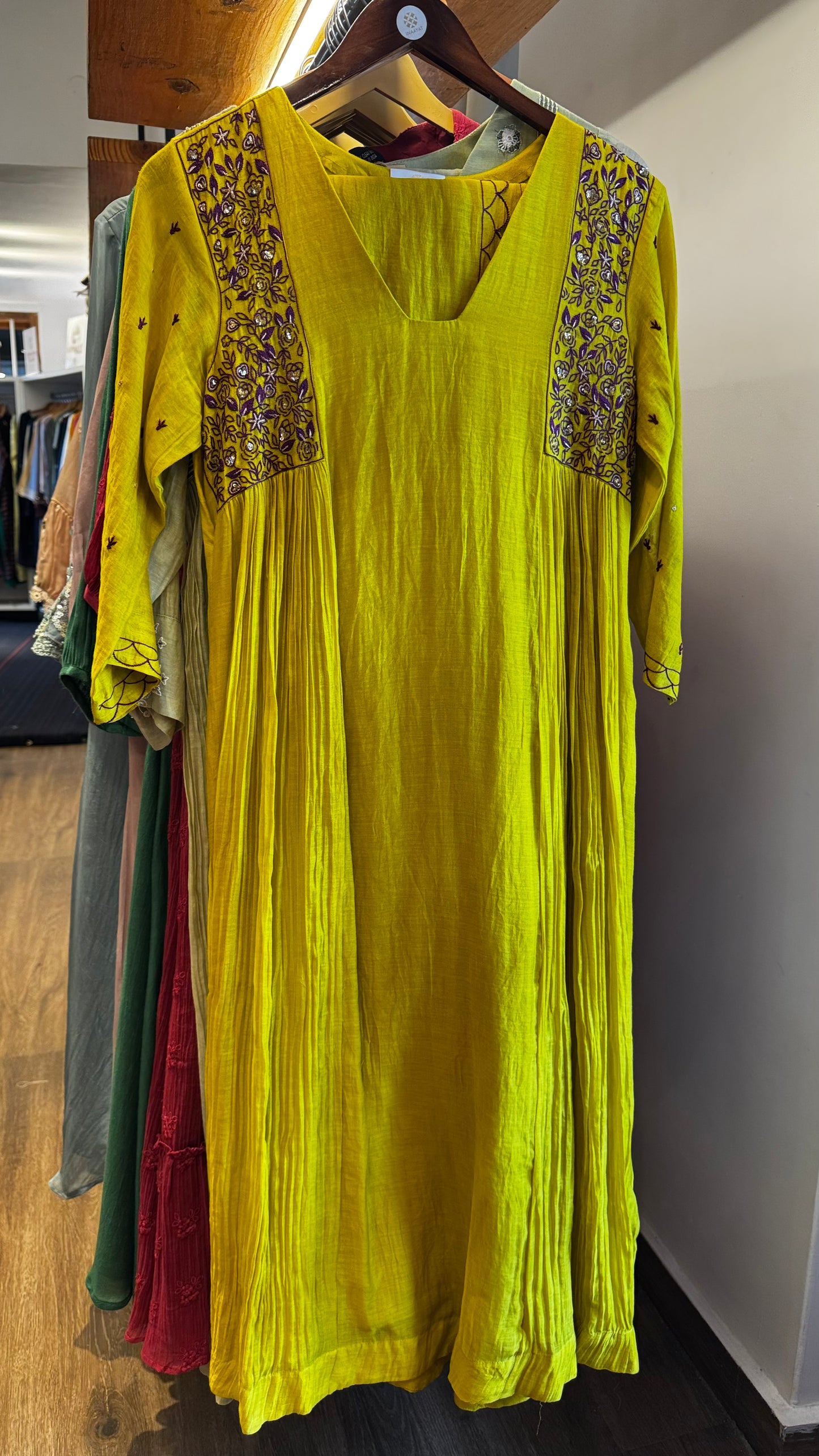 Light green chanderi A line and v neckline dress with dupatta