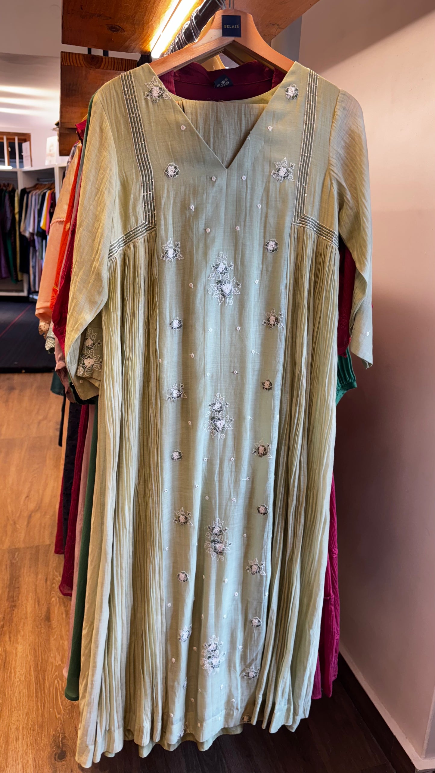 Olive green chanderi V-neck and embroidered yoke dress with dupatta