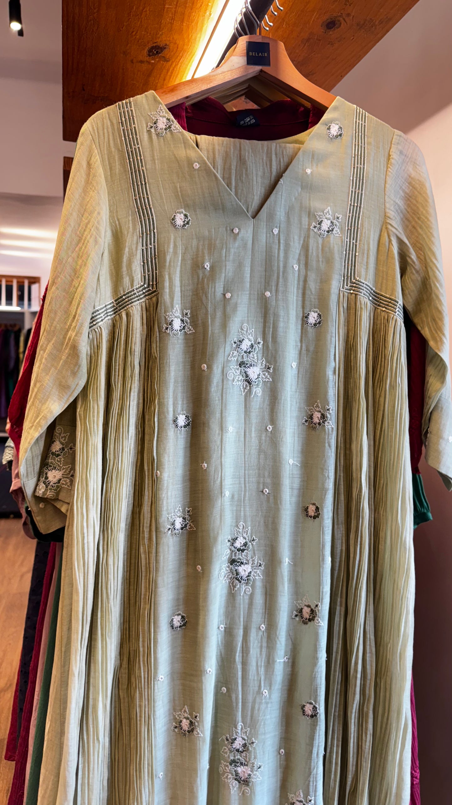Olive green chanderi V-neck and embroidered yoke dress with dupatta