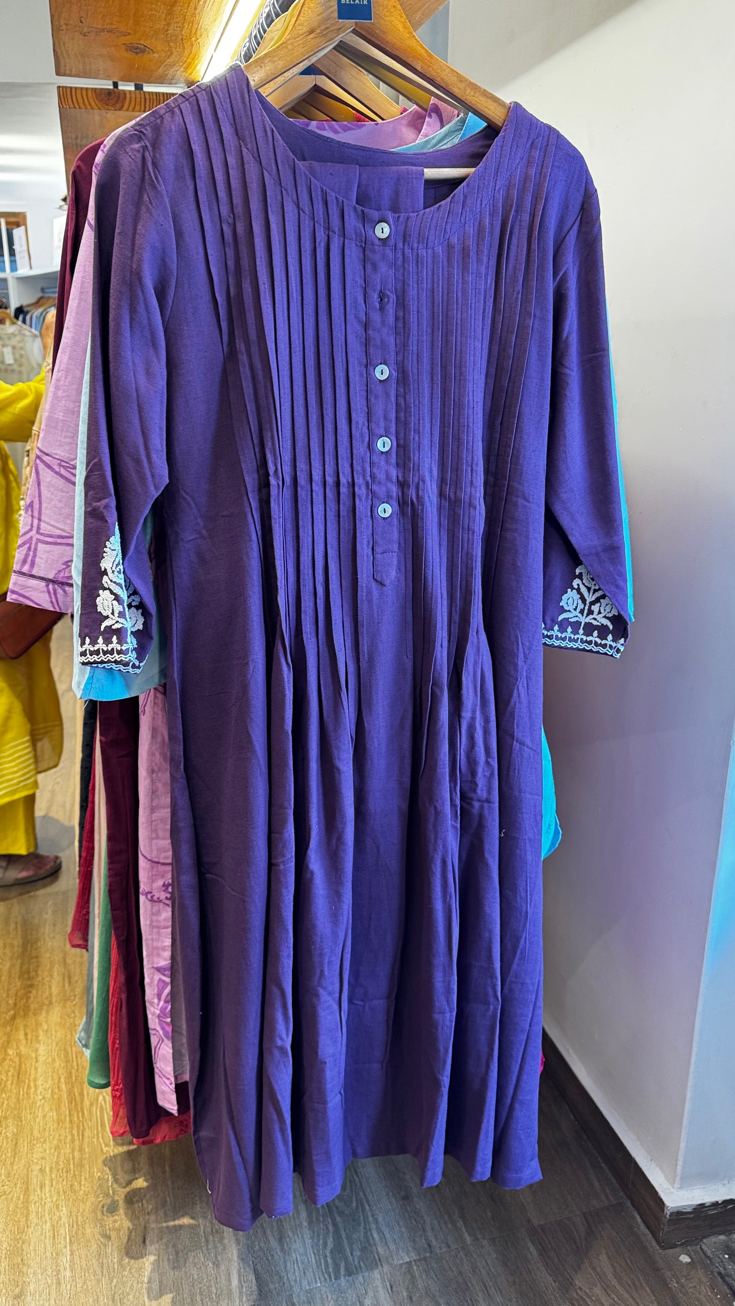 purple cotton white thread work dress with pants size M