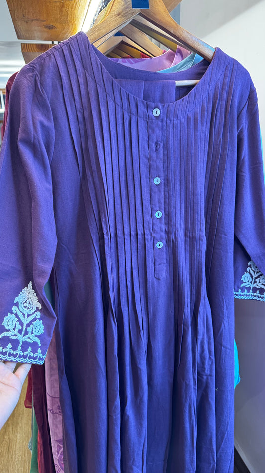 purple cotton white thread work dress with pants size M