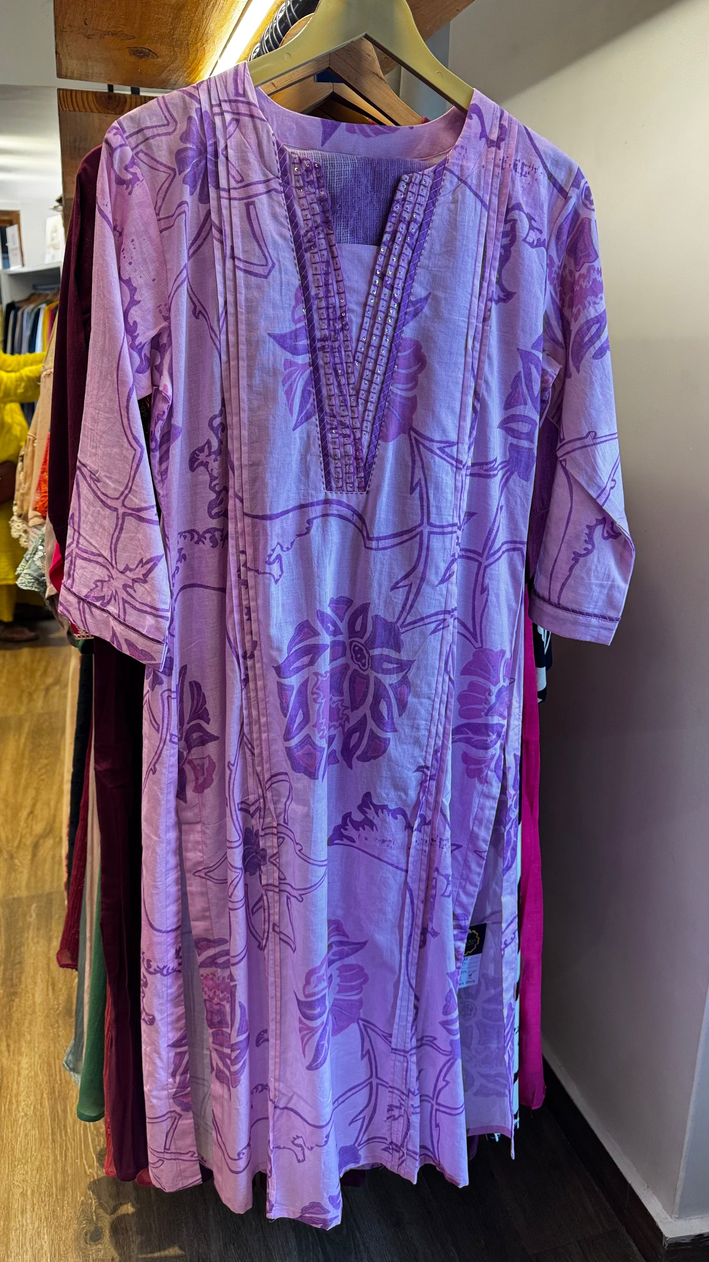purple cotton white thread work dress with pants size