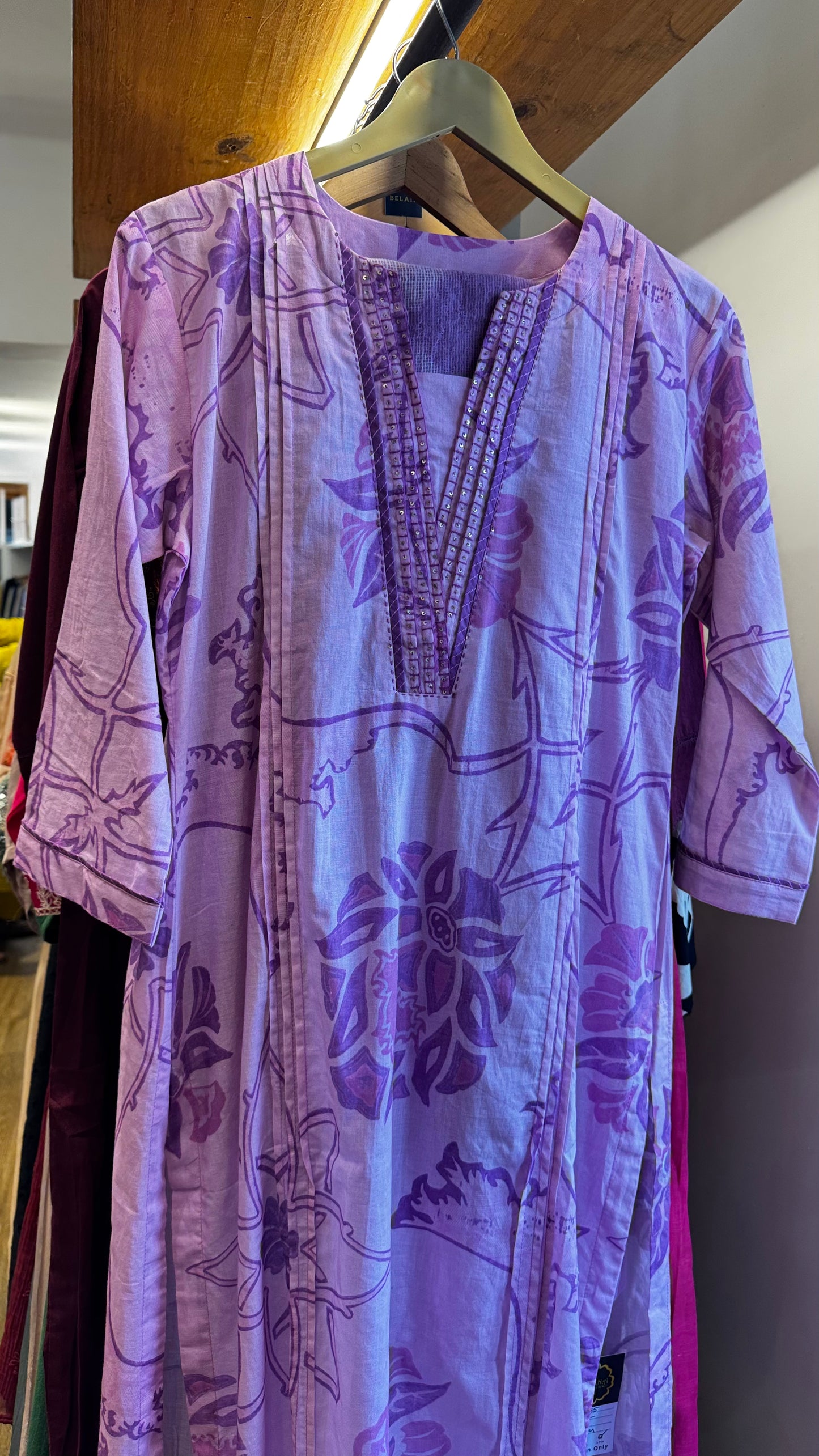 purple cotton white thread work dress with pants size