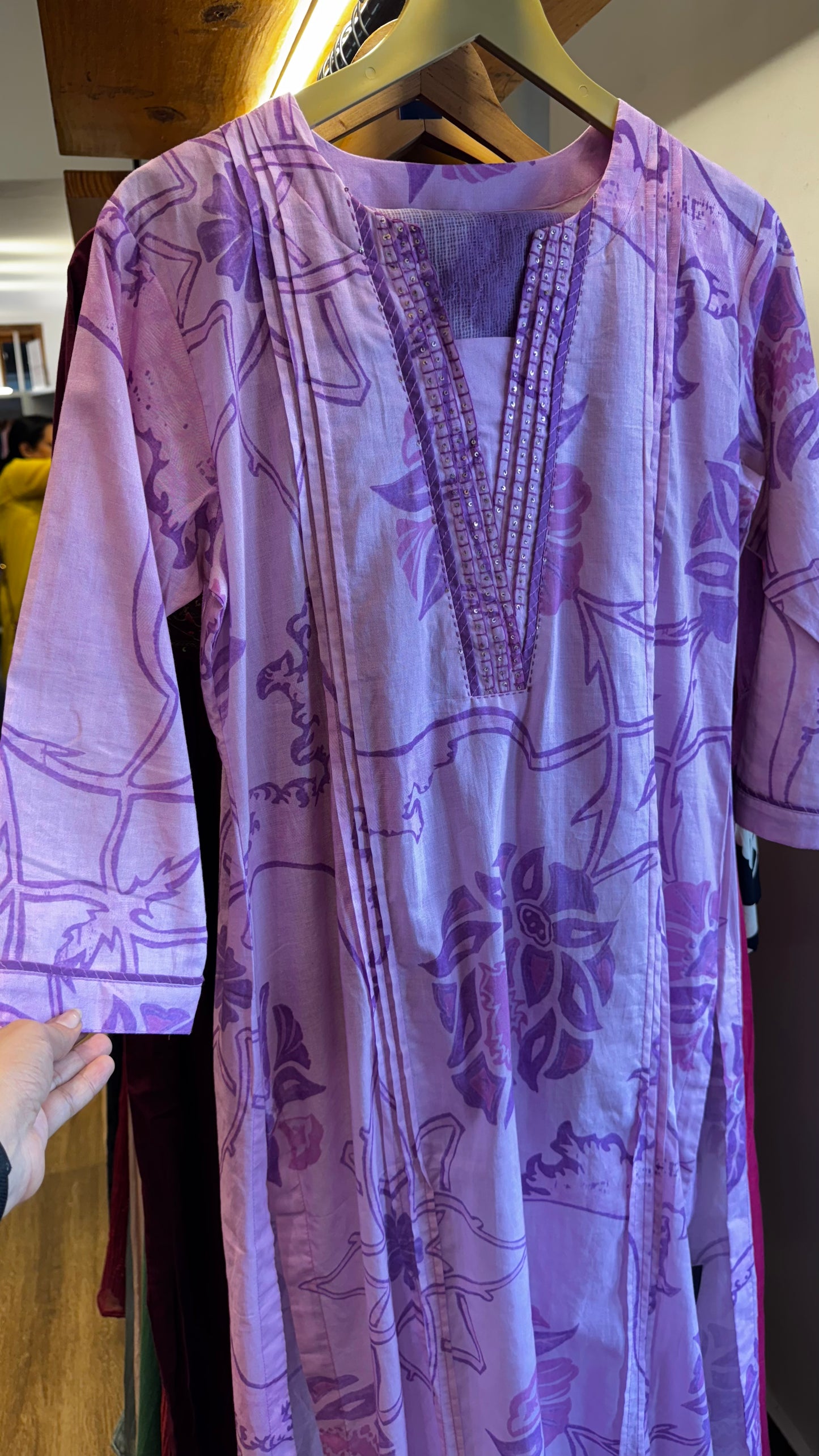 purple cotton white thread work dress with pants size