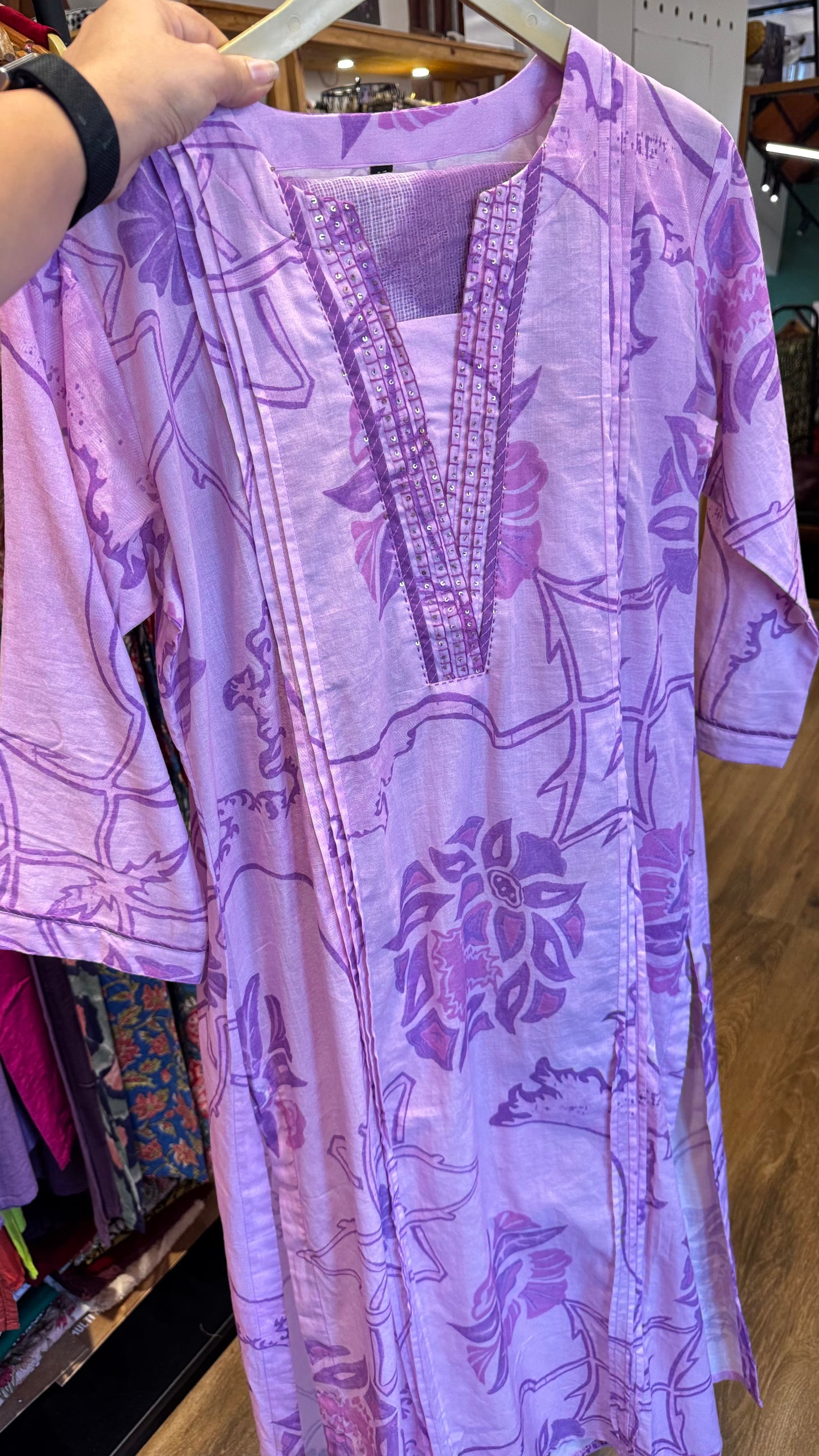 purple cotton white thread work dress with pants size