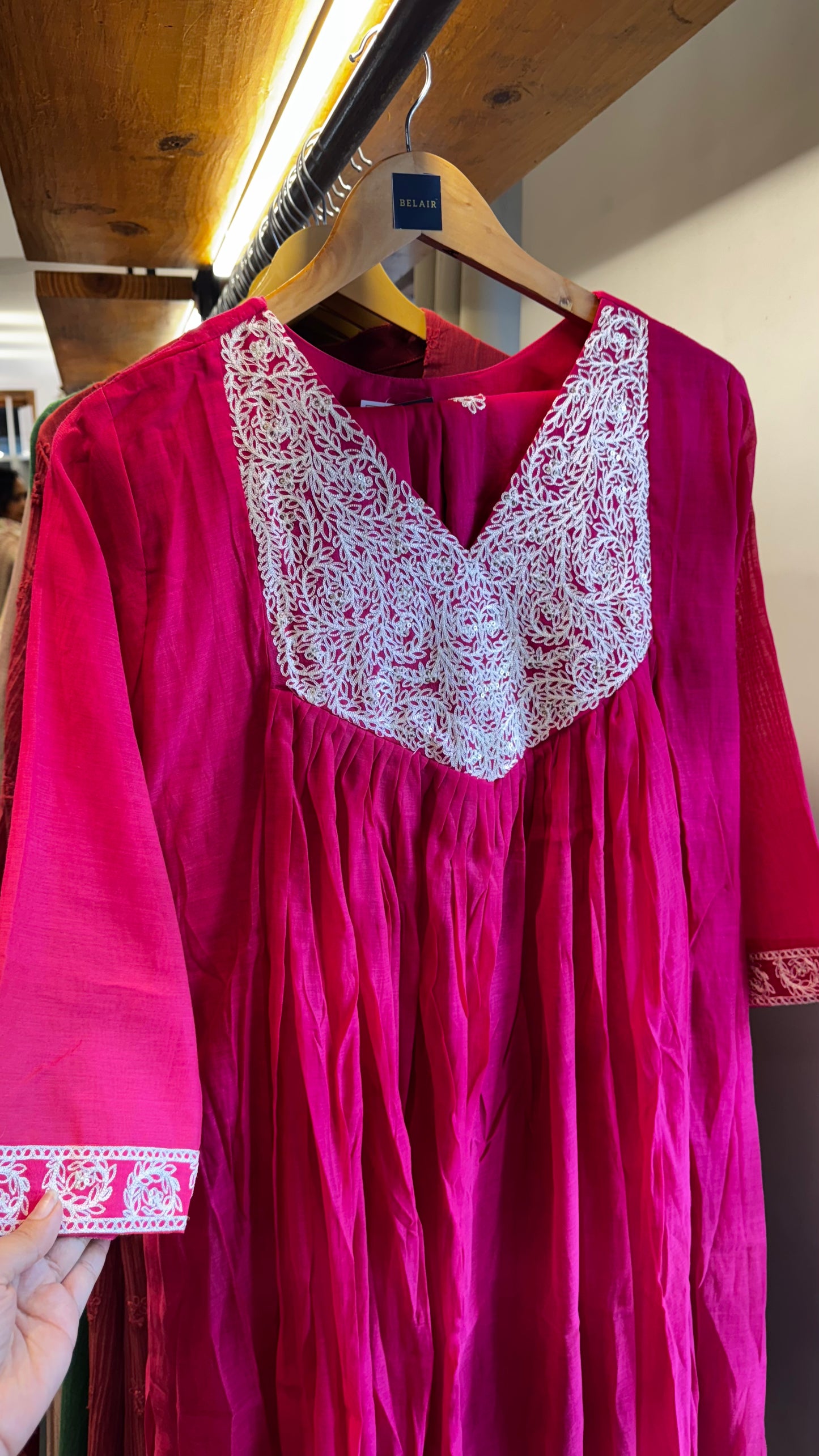pink cotton anarkali white thread work on the yoke dress with full set top size XL, 2XL ₹3780