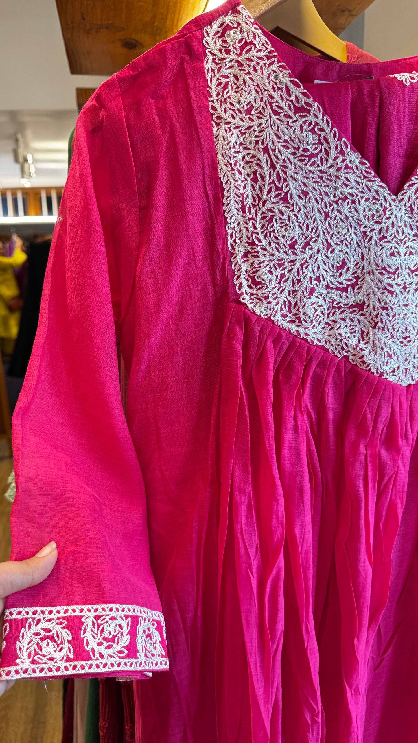 pink cotton anarkali white thread work on the yoke dress with full set top size XL, 2XL ₹3780