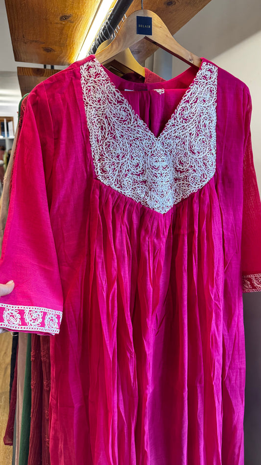 pink cotton anarkali white thread work on the yoke dress with full set top size XL, 2XL ₹3780