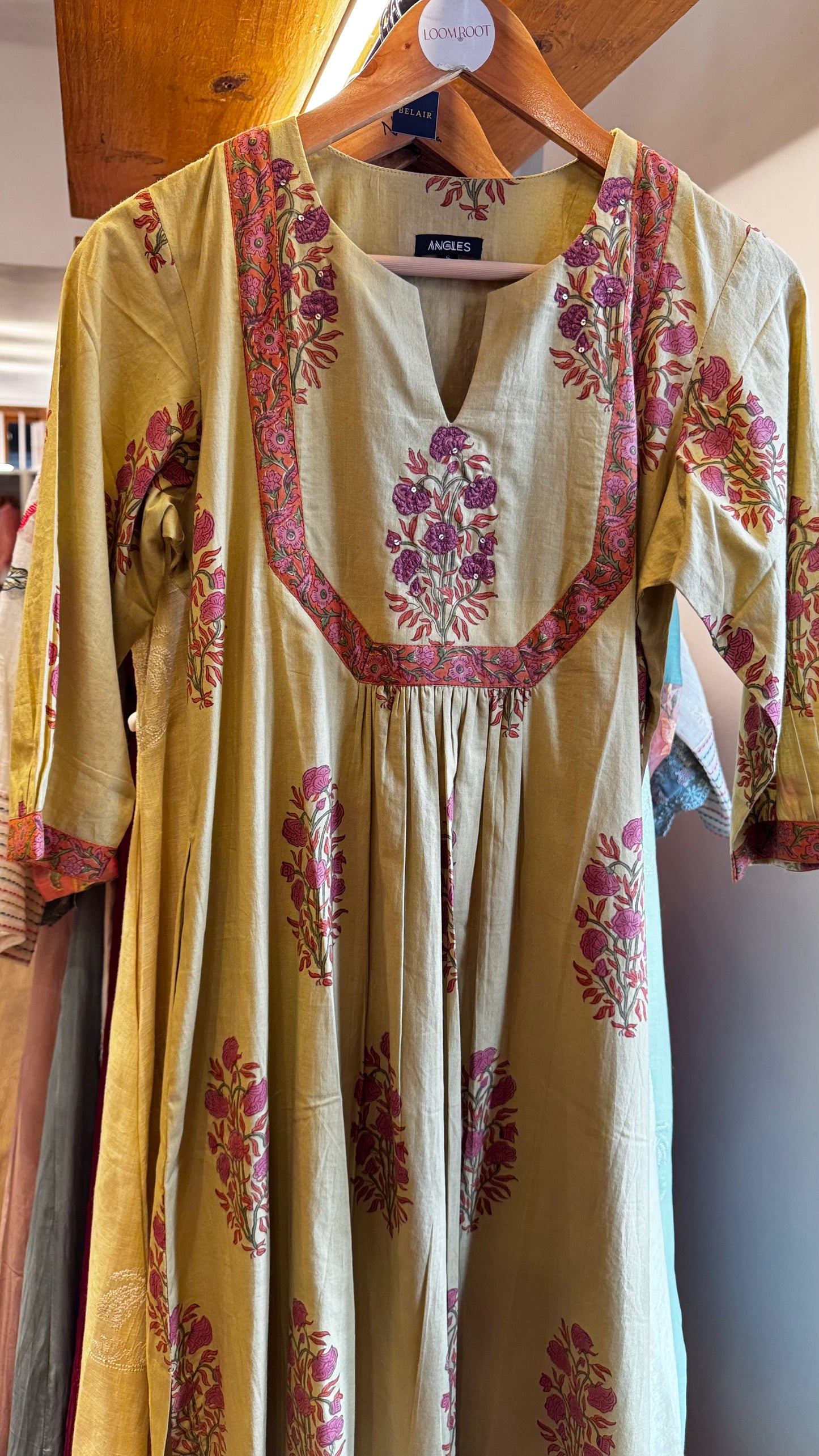 cardamom green with pink floral cotton dress size M (38)