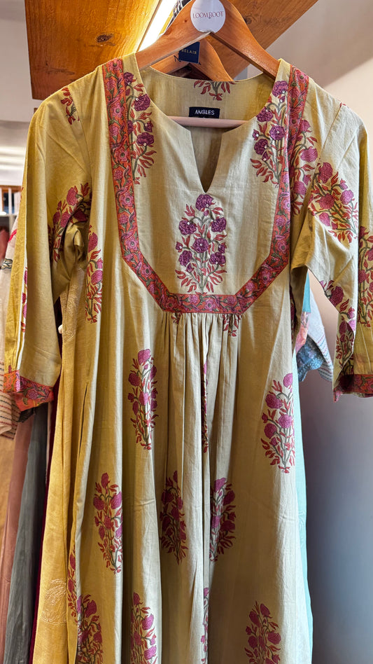 cardamom green with pink floral cotton dress size M (38)