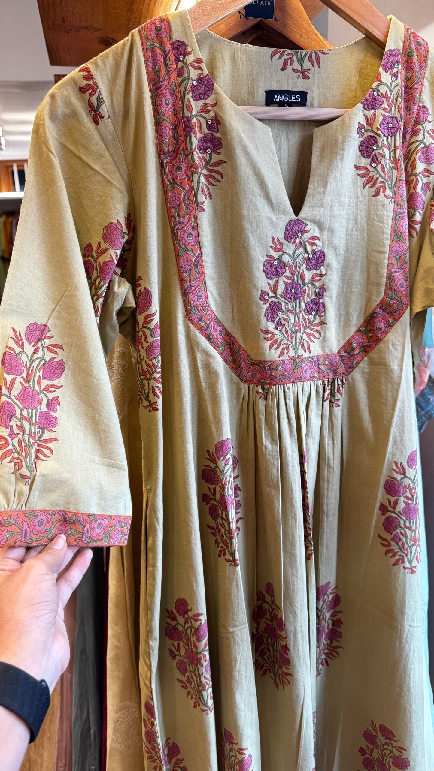 cardamom green with pink floral cotton dress size M (38)