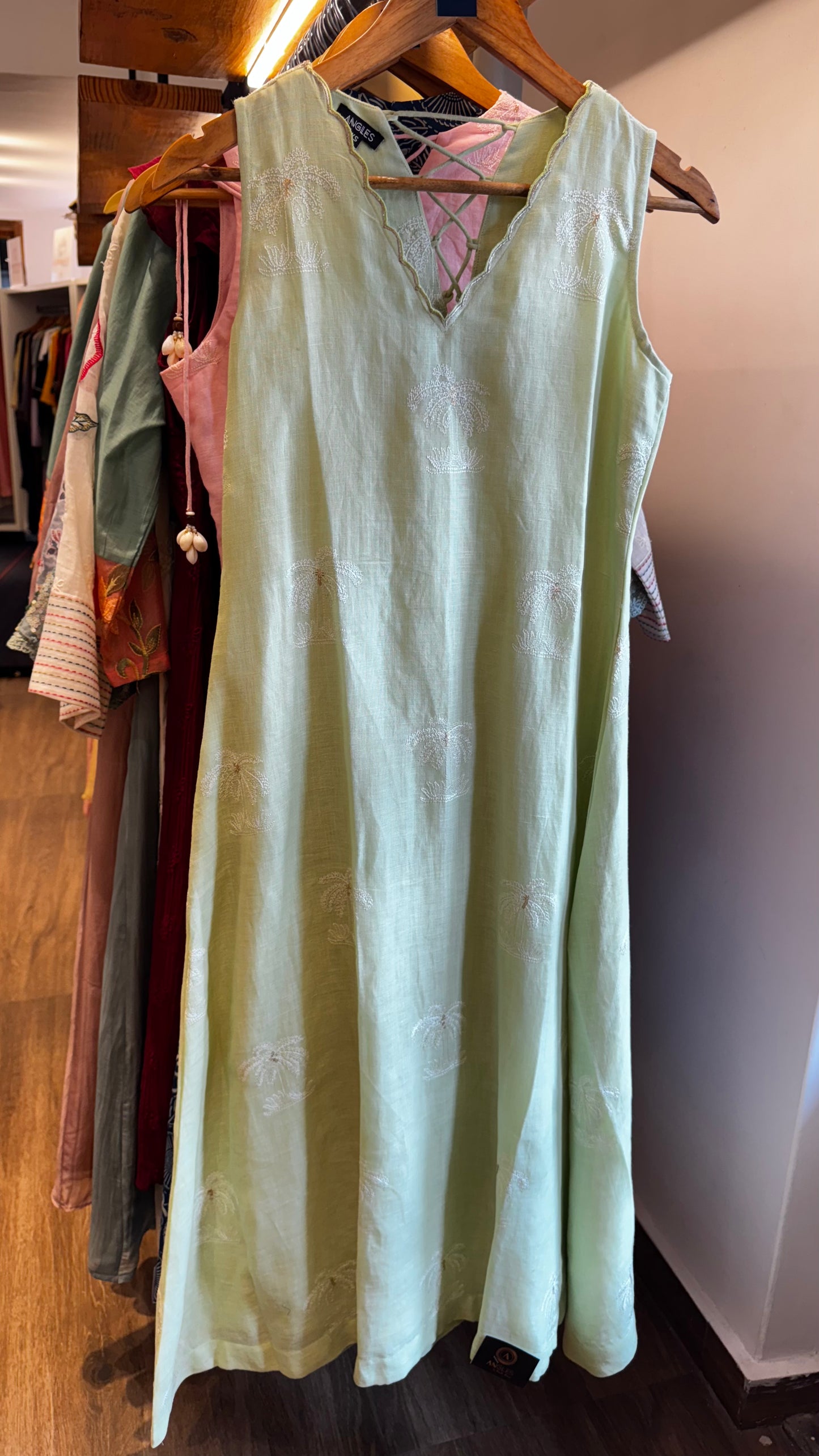 Pista custard green sleeveless linen cotton dress size S (36)