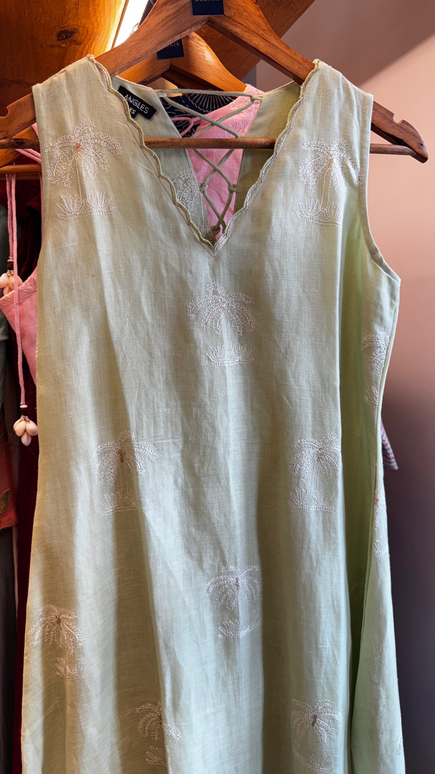 Pista custard green sleeveless linen cotton dress size S (36)