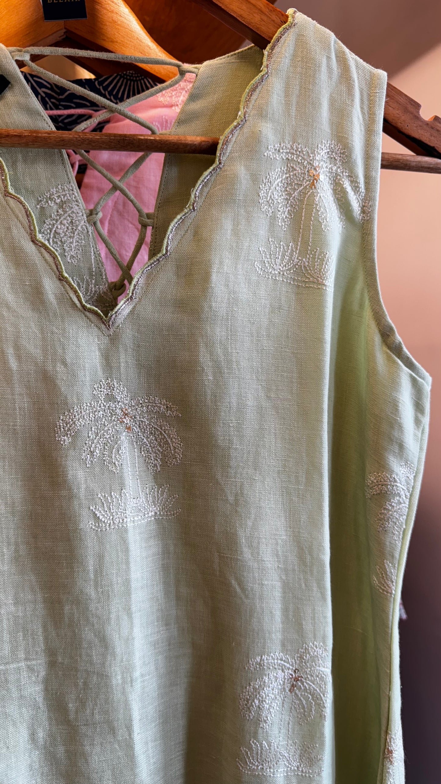 Pista custard green sleeveless linen cotton dress size S (36)