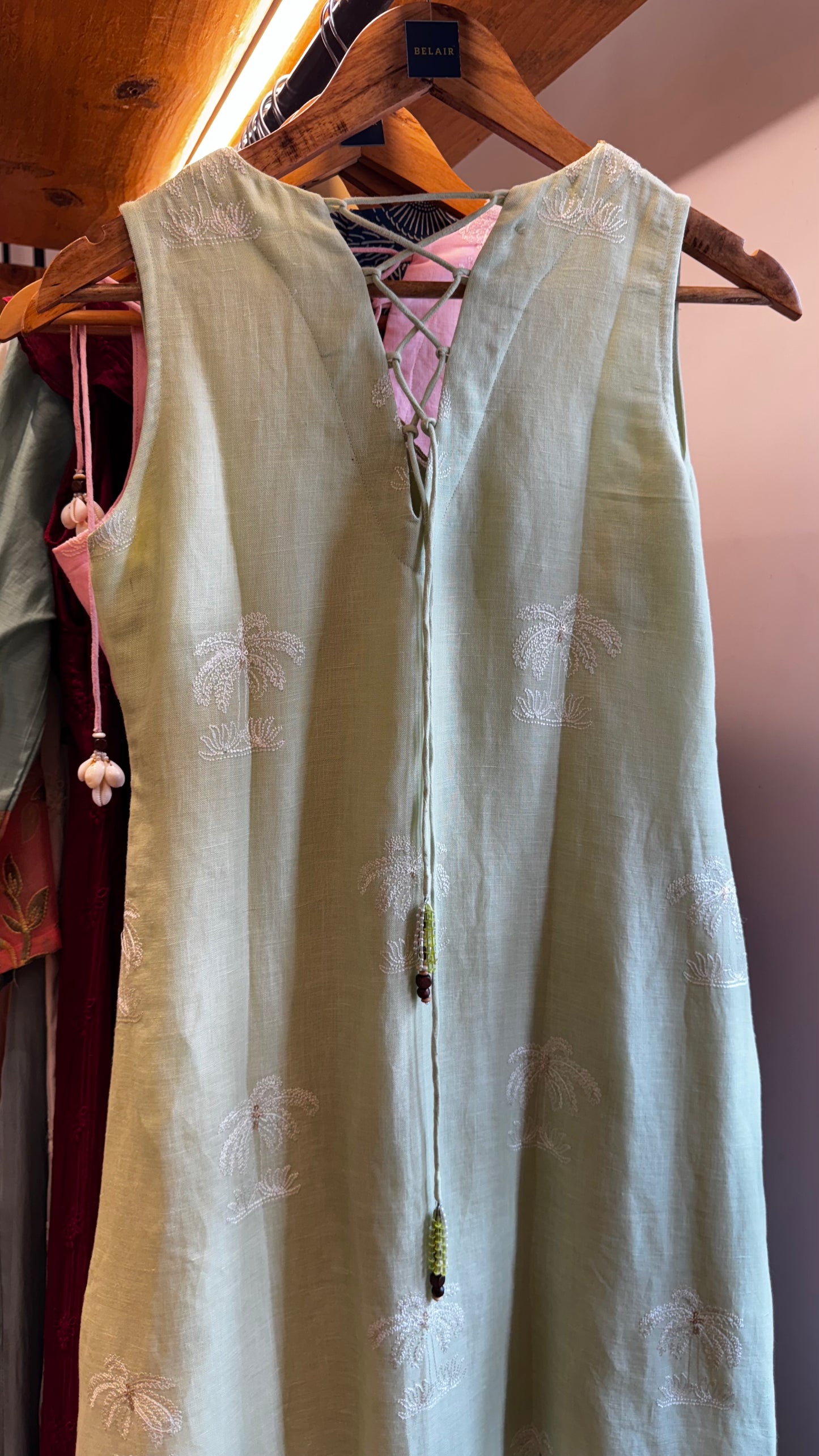 Pista custard green sleeveless linen cotton dress size S (36)