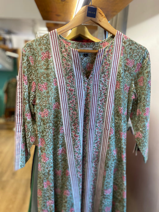 Green with pink printed round v neck cotton dress size -L