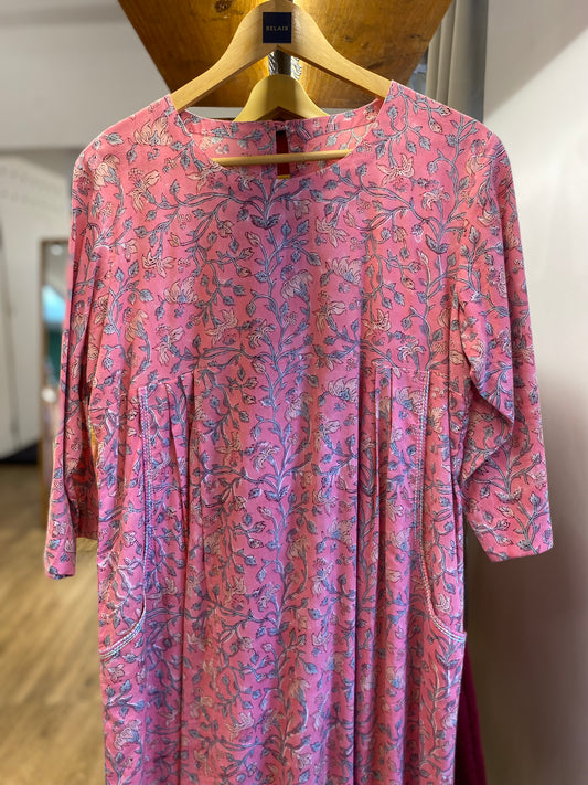 Pink floral printed cotton round neck dress size -XXL