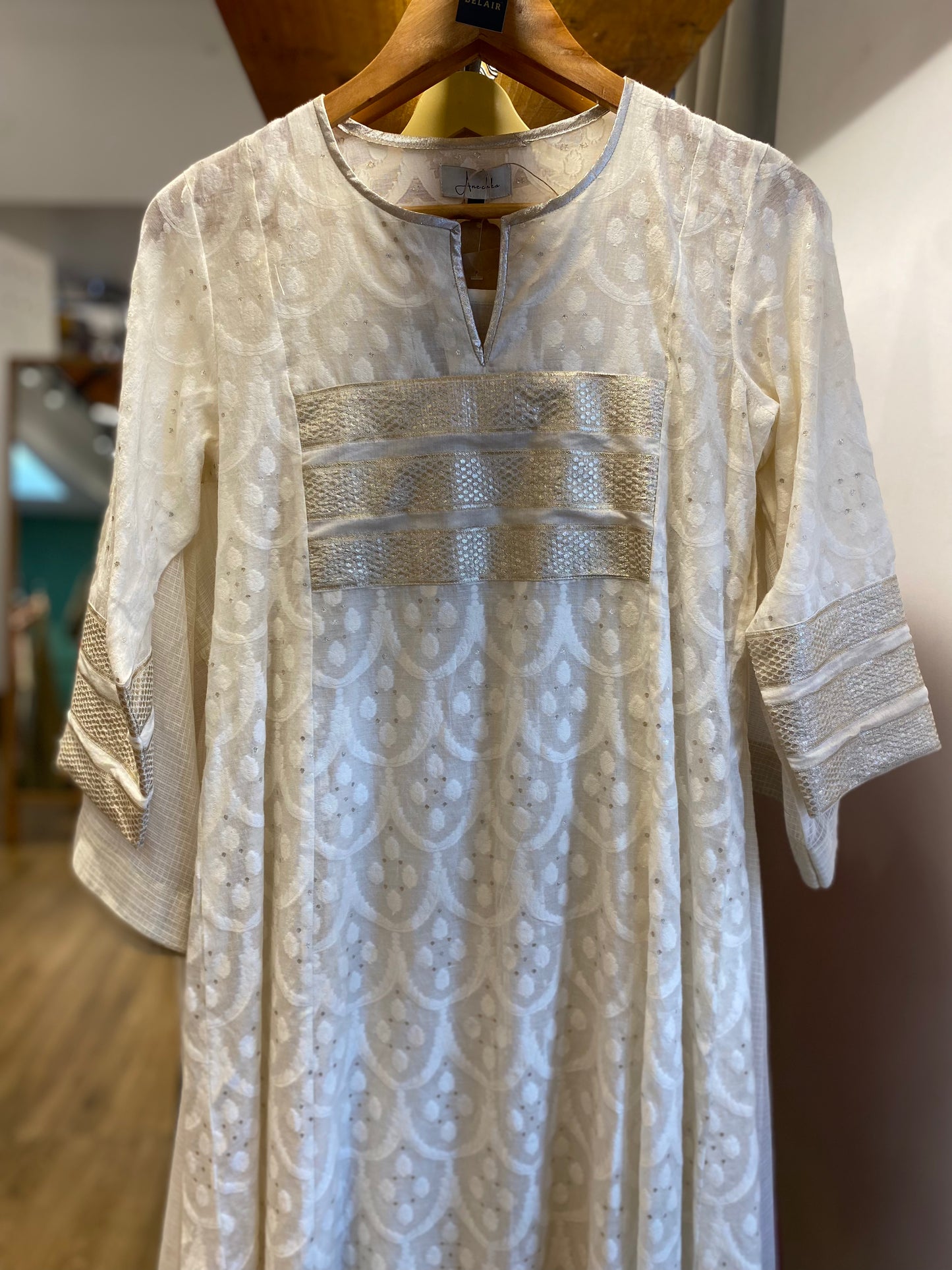 Off white chanderi round v neck with Banarasi lace on yoke and sleeves ends size -S