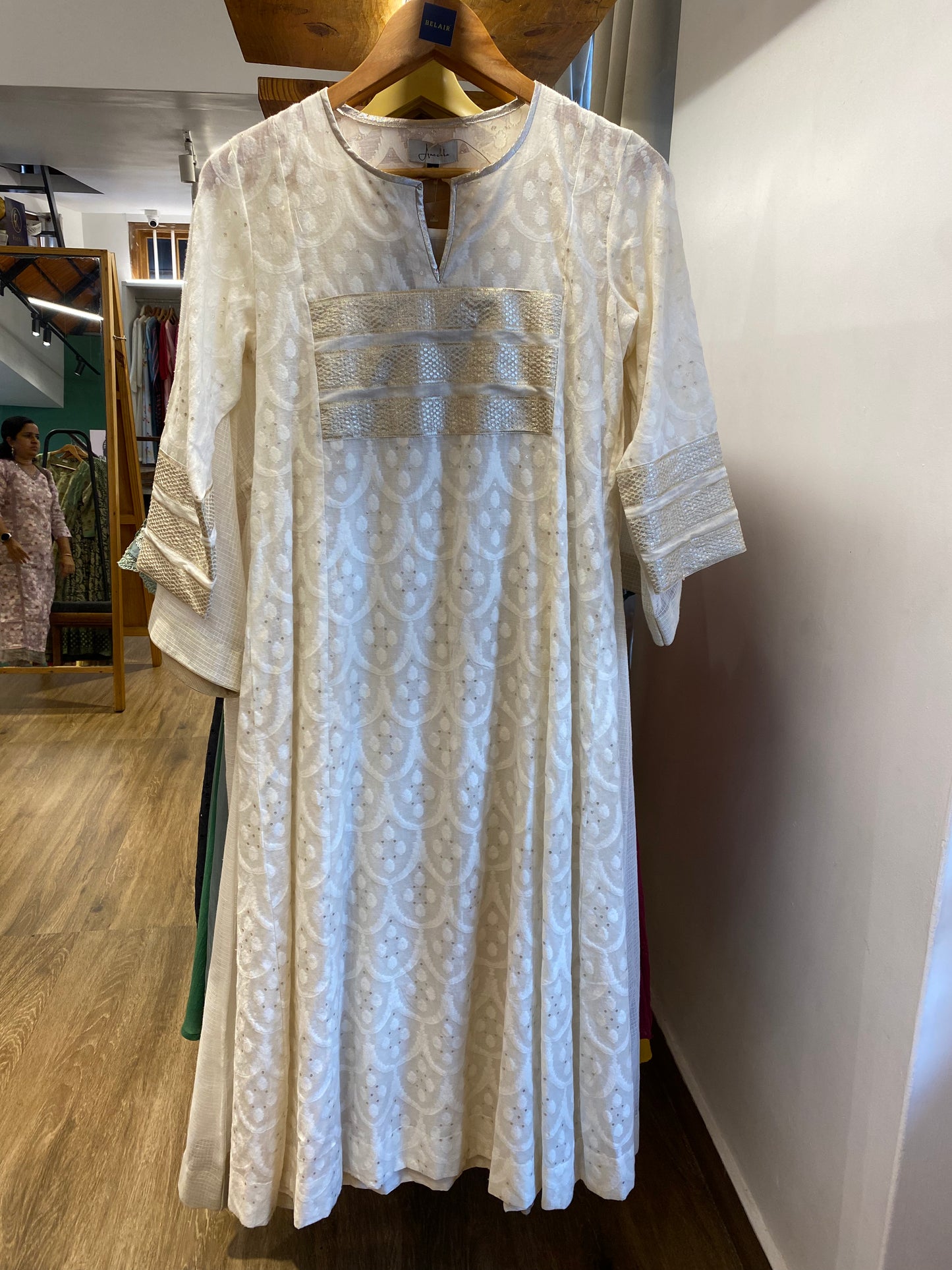 Off white chanderi round v neck with Banarasi lace on yoke and sleeves ends size -S
