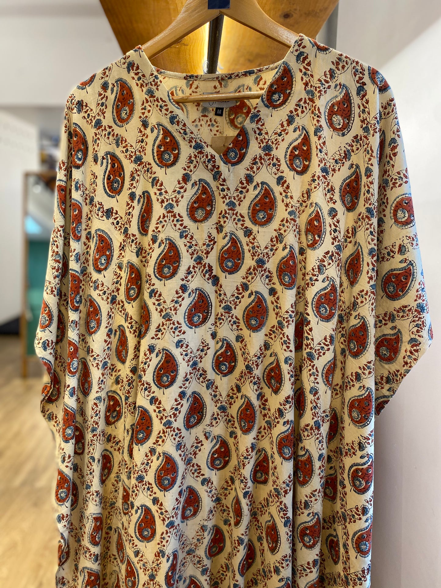 Beige block print kaftan size -M