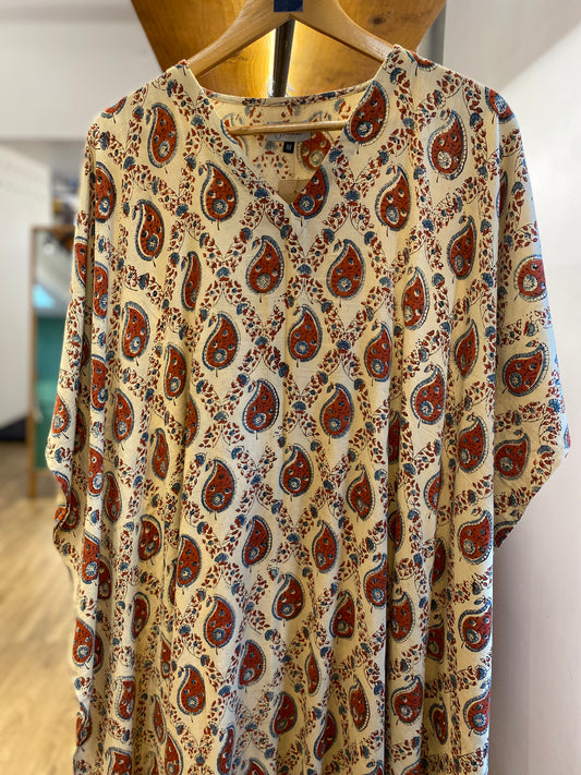 Beige block print kaftan size -M