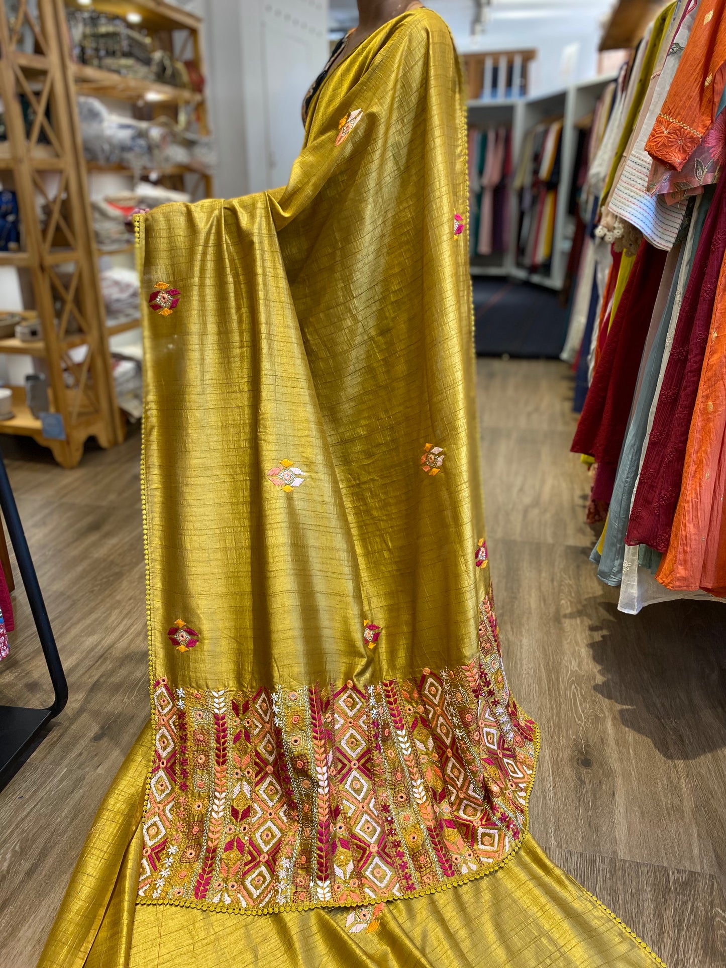 Golden yellow Tussar silk saree with heavy handwork embroidery all over & heavy pallu with mirror work