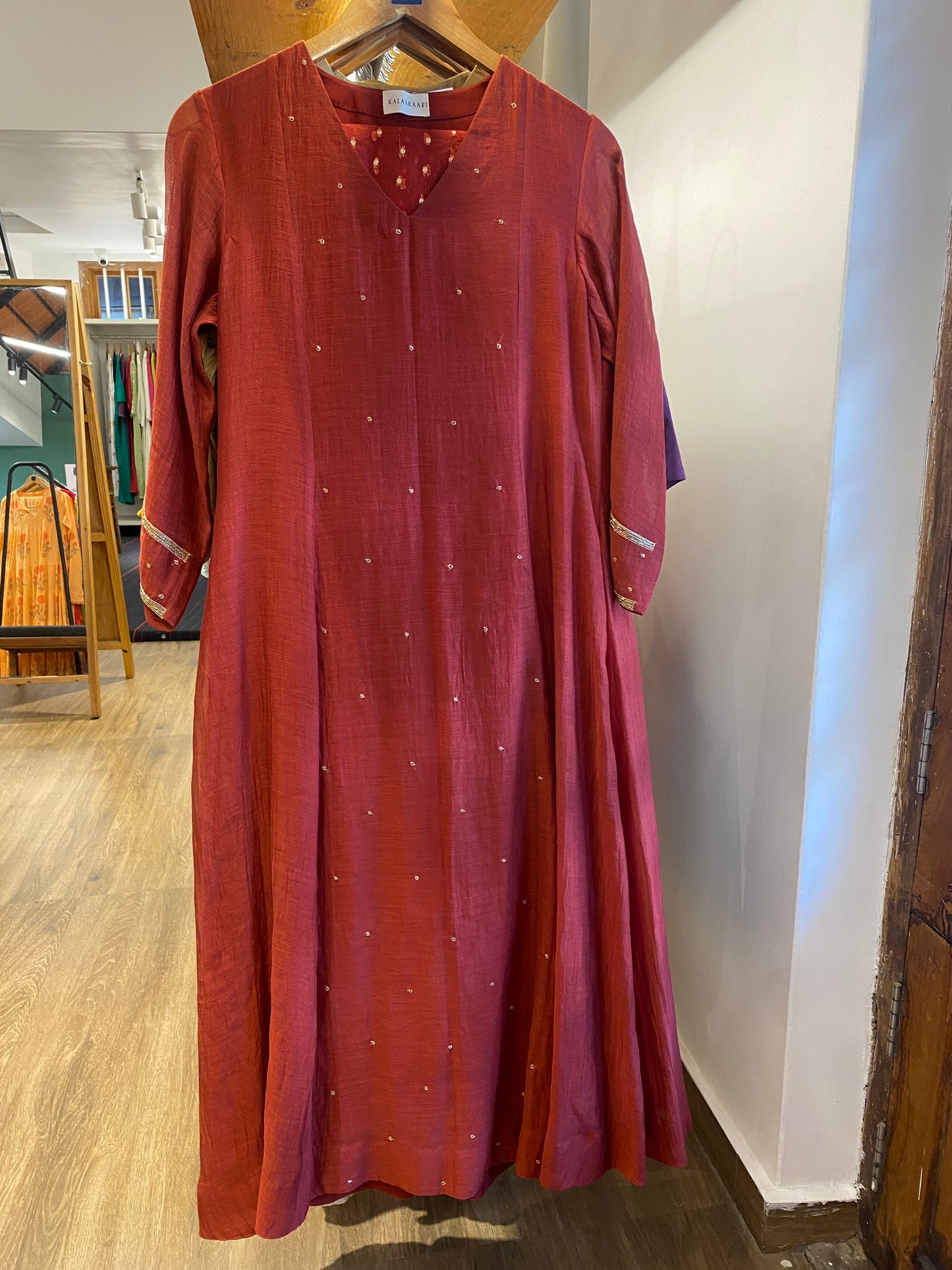 Red Chanderi panelled dress & pants